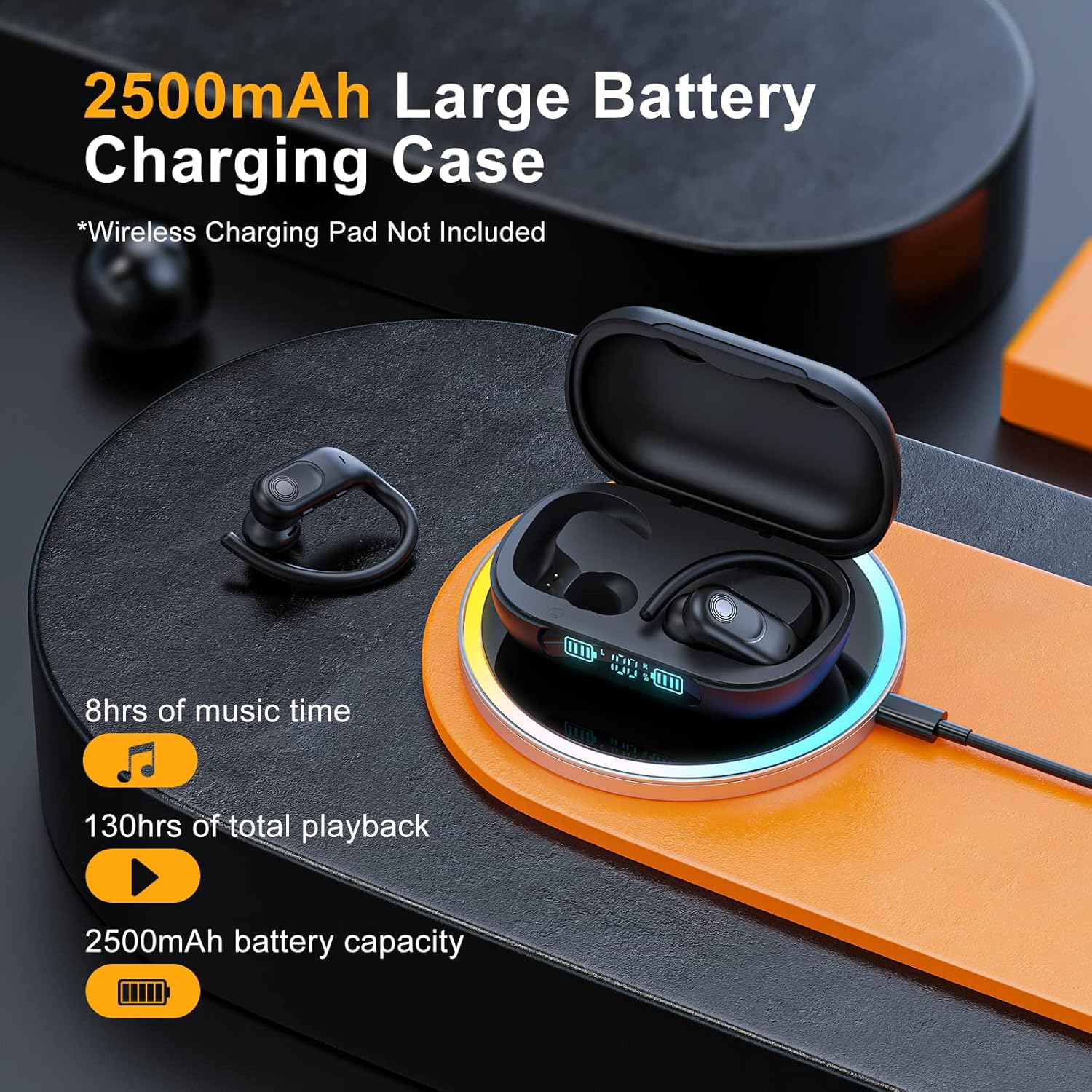 Auriculares inalámbricos Bluetooth 130 horas de reproducción con estuche de carga inalámbrica de 2500 mAh, LED Diaplay Hi-Fi impermeable sobre la