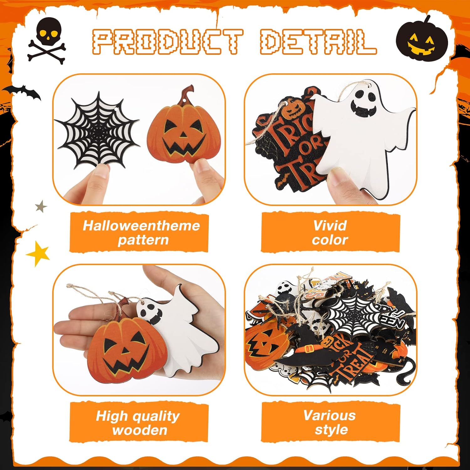36 adornos colgantes de árbol de Halloween, adornos colgantes de madera, recortes de Halloween con cuerdas, etiqueta colgante de calabaza, fantasma,