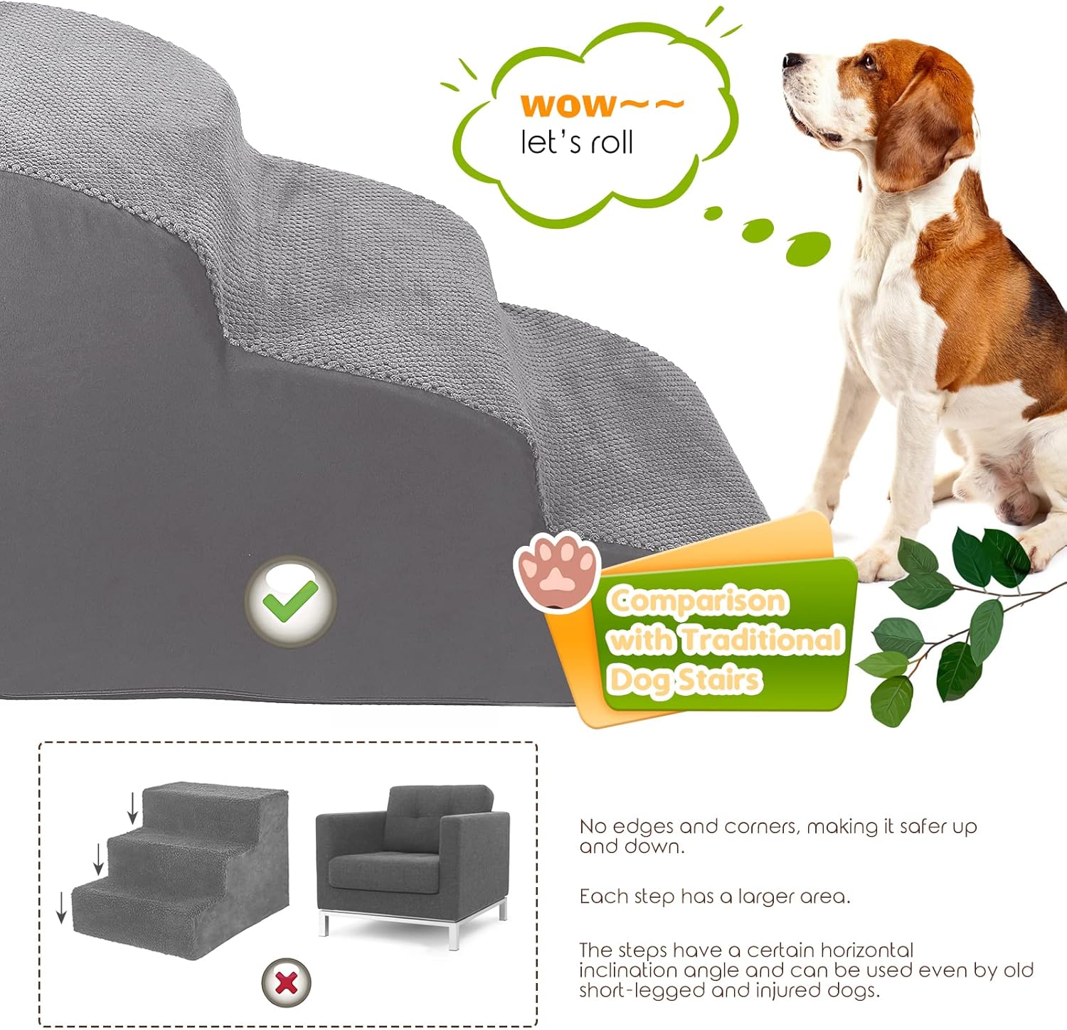 Lesnox Escalerasescalones de espuma para perros, rampa para mascotas de 3 niveles con funda impermeable para cama, sofá, antideslizante, escalera de