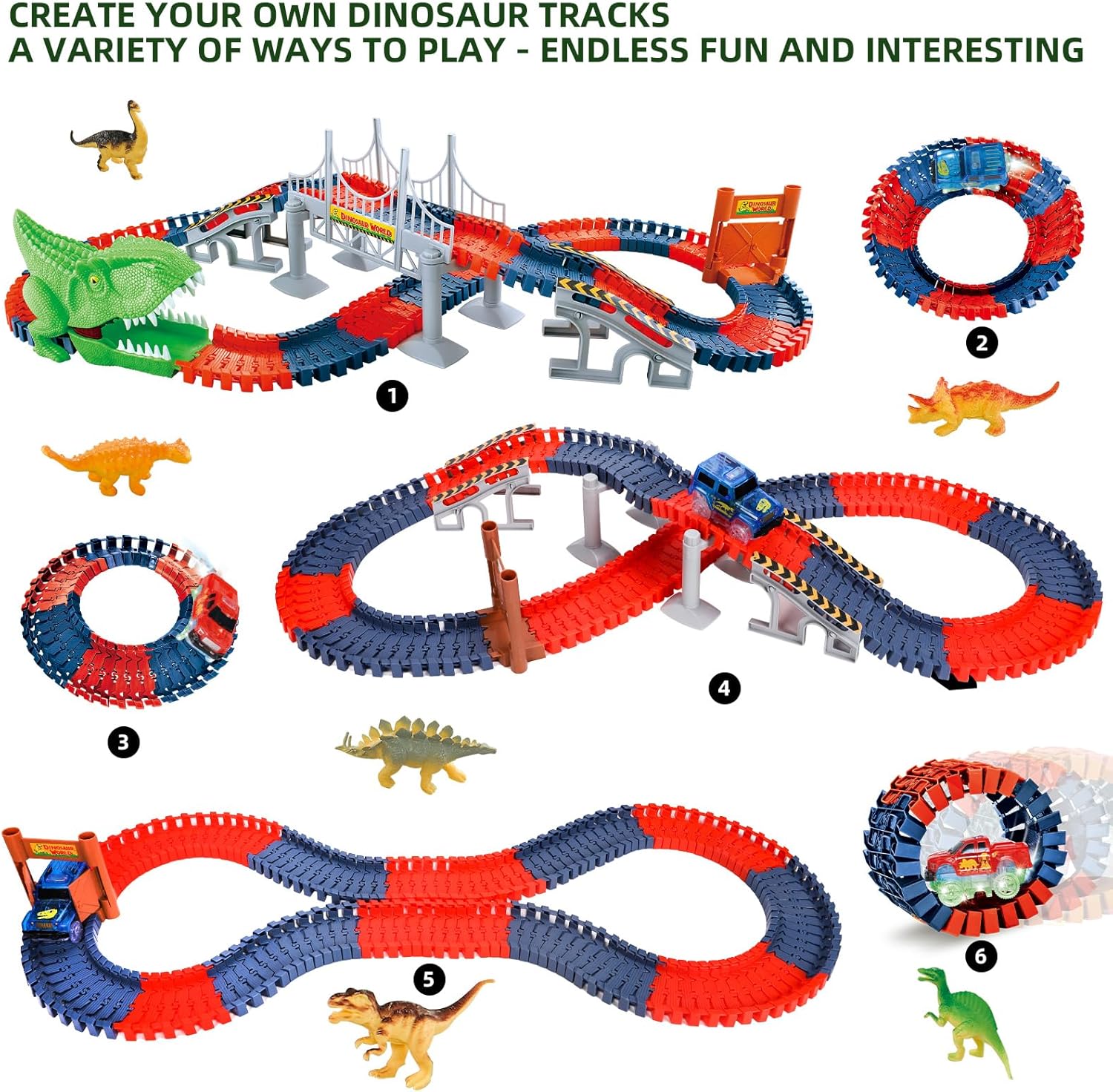 Pista de autos de carreras de dinosaurios para niños pequeños, niñas, niños, pista flexible con 2 autos con luz LED para niños de 3, 4, 5, 6 años en