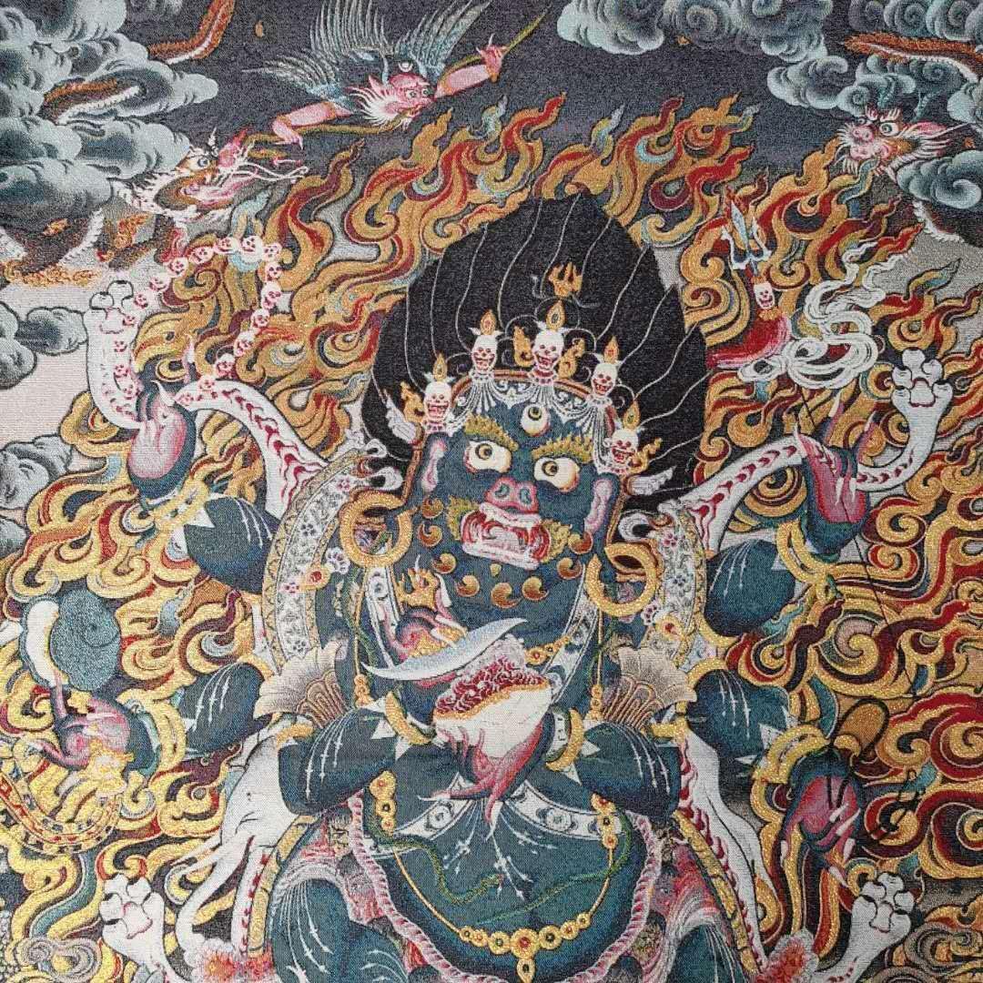 Tapiz de seda bordado de budismo Tíbet Thangka de seda de 6 brazos Mahakala Wrathful Deity Tangka Fengshui para colgar en la pared para decoración
