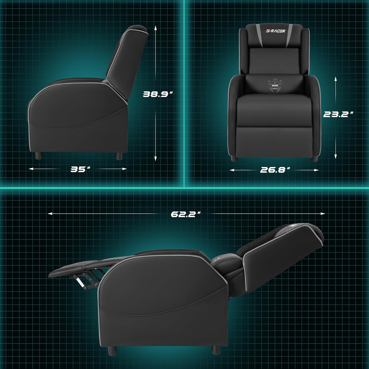 Homall Silla reclinable de masaje LED para juegos, estilo carreras, sofá reclinable de piel sintética, cómodo asiento ergonómico para cine en casa