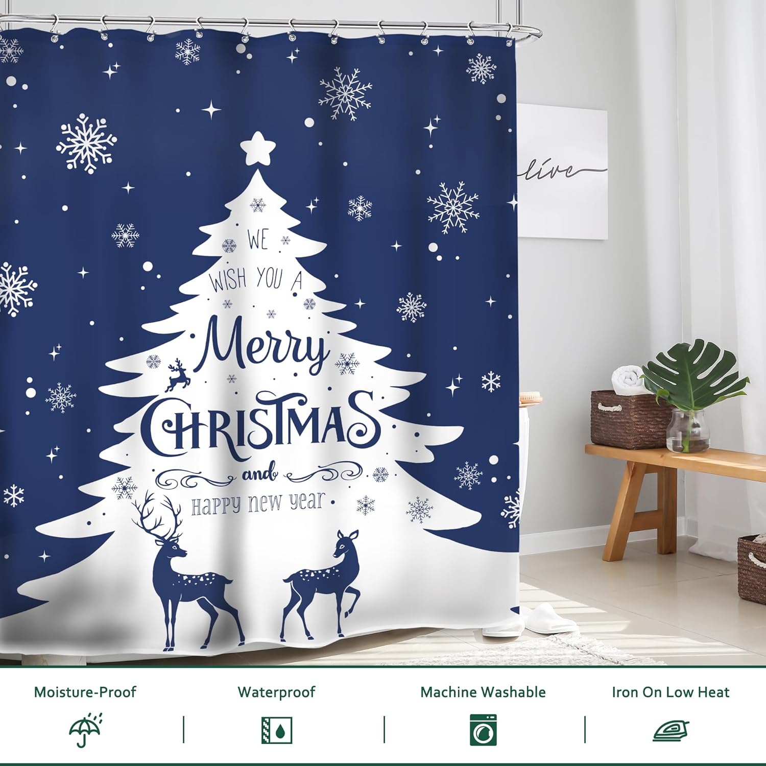 Glawry Cortina de ducha con diseño de árbol de Navidad, copos de nieve azules, renos, nieve, invierno, vacaciones, feliz año nuevo, estética, para