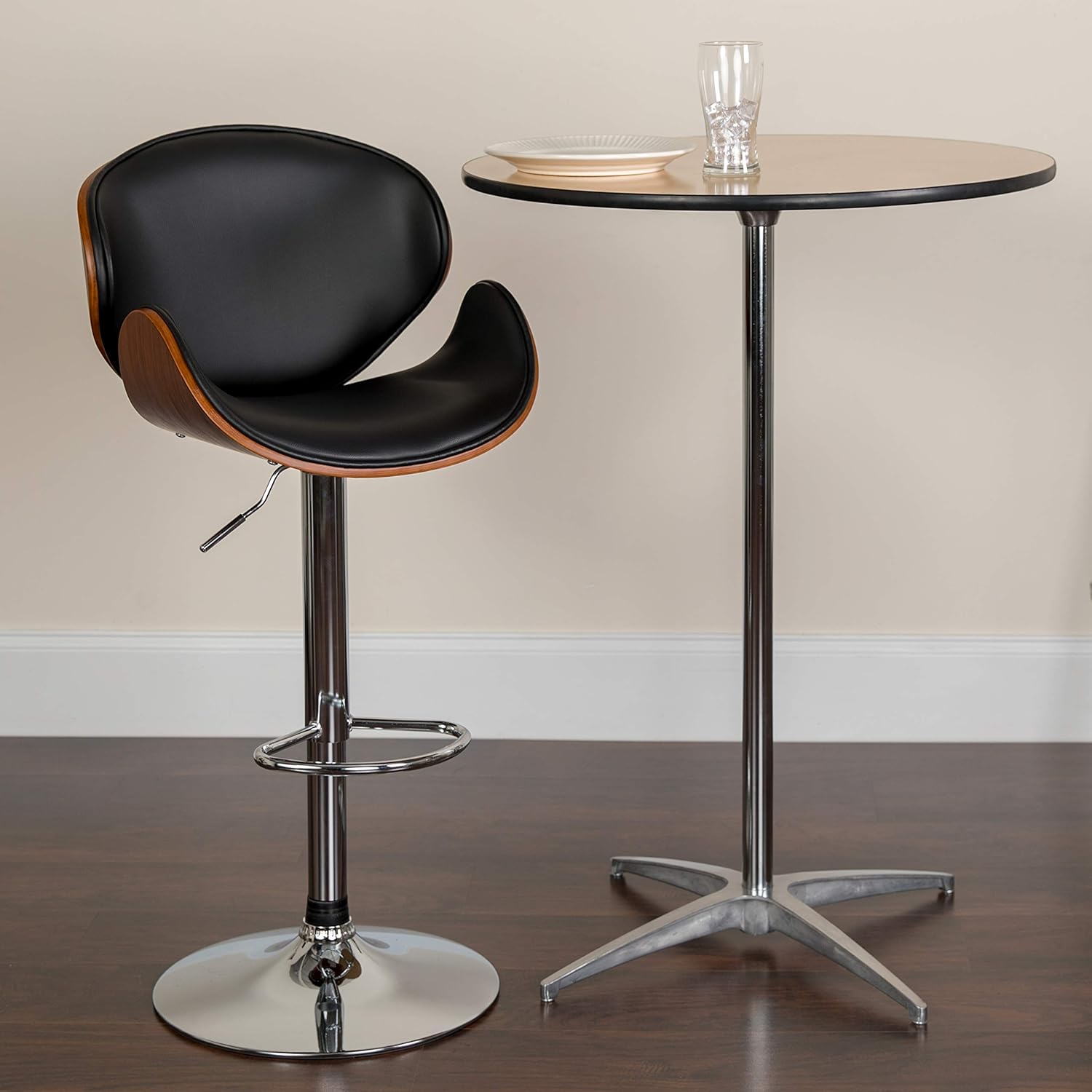 Taburete de bar Flash Furniture de madera de haya con altura ajustable y asiento y respaldo de vinilo negro curvado, Metal Espuma Tela, Walnut