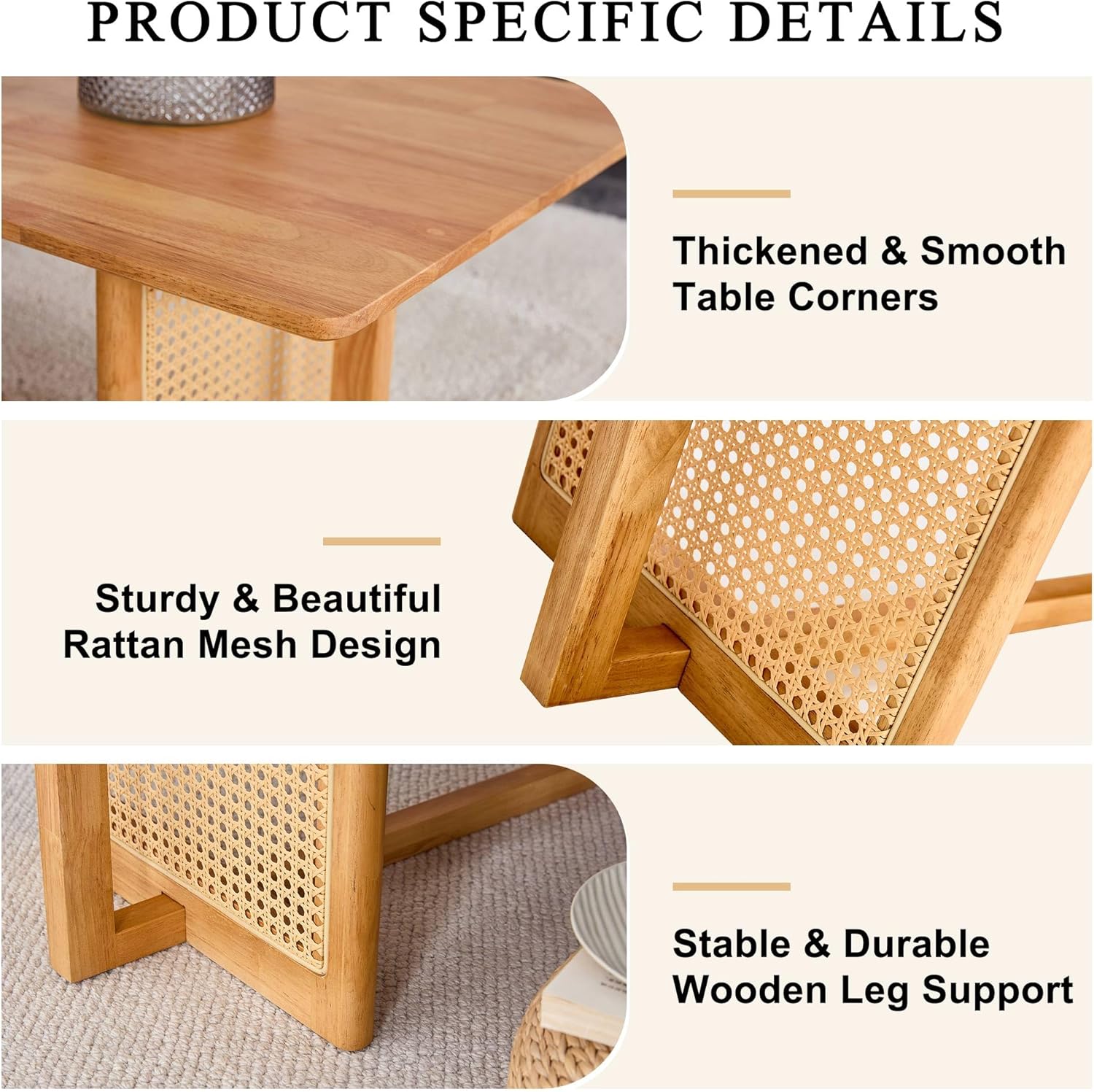 Mesa de centro de madera moderna de mediados de siglo con soporte de ratán de polietileno, mesa de café rectangular de madera maciza de 47 pulgadas,