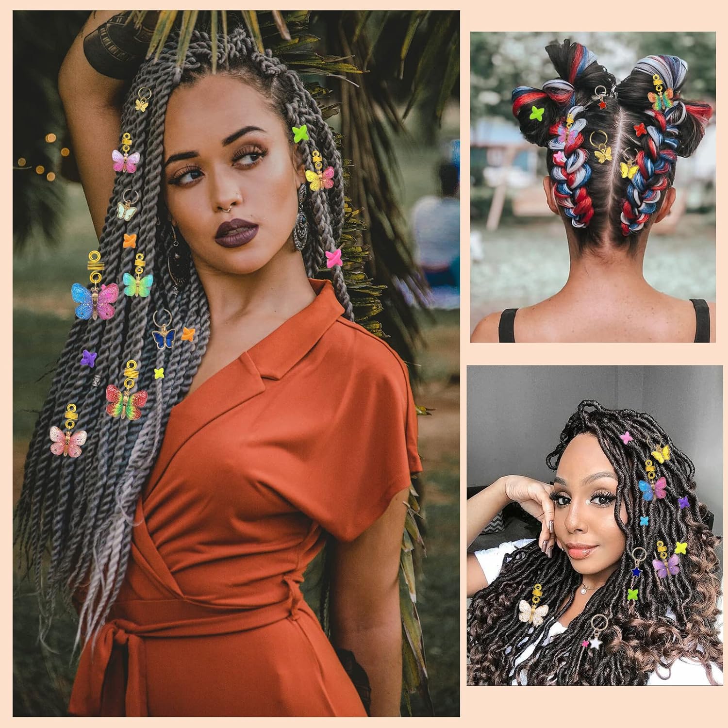 NAISKA 138 piezas de accesorios para rastas de cabello trenzadas de mariposa dorada con cuentas de colores, dijes y colgantes para trenzas, bobinas