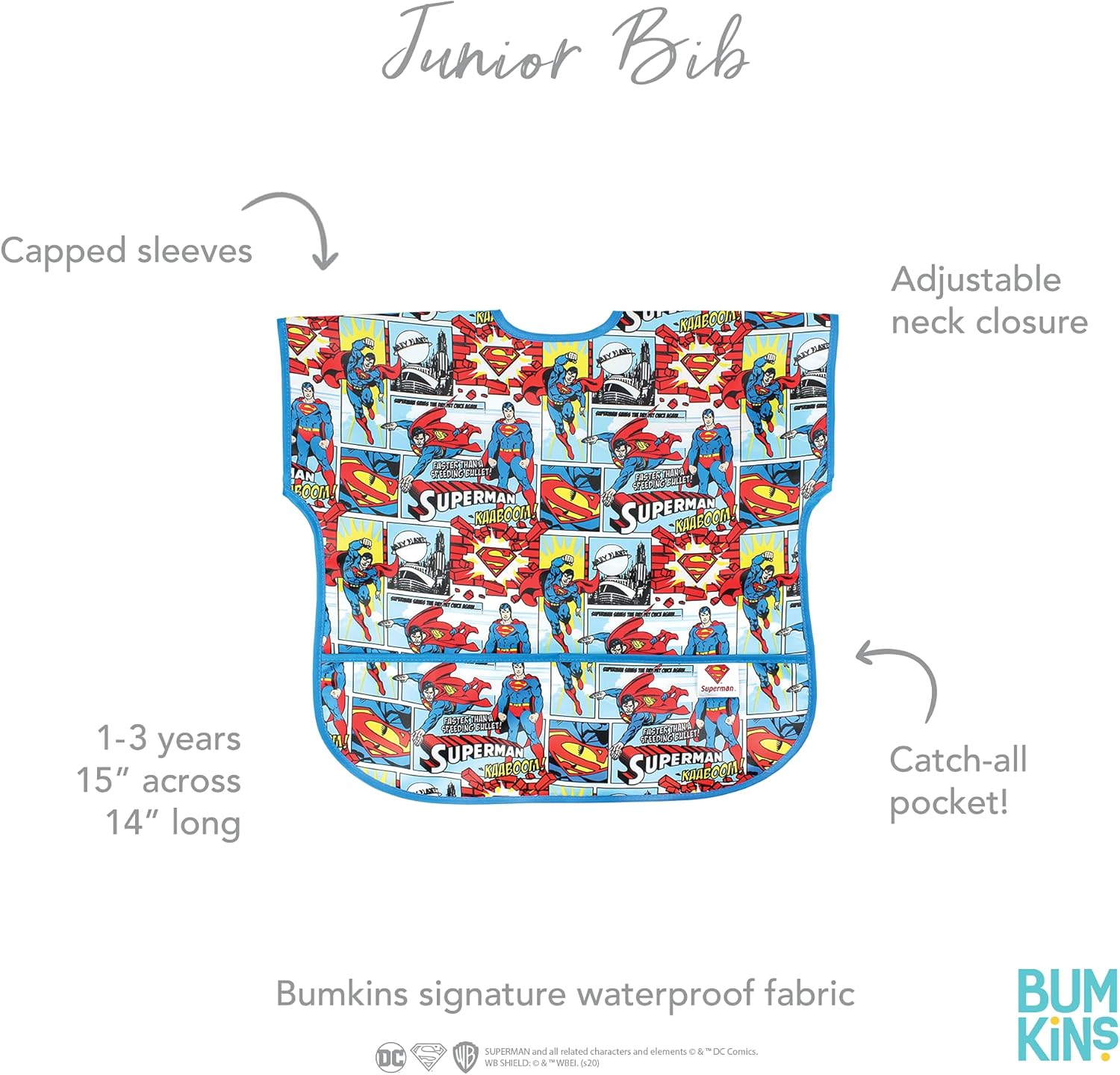 Bumkins Baberos para bebés y niños pequeños, baberos para niñas y niños, grandes para 1-3 años, babero impermeable de manga corta para niños