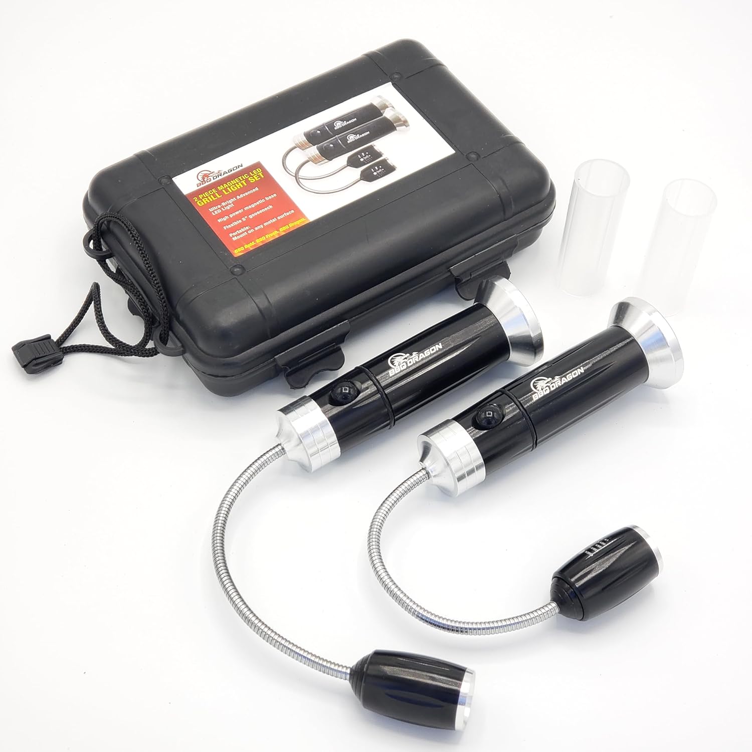 BBQ Dragon  Luces LED magnéticas para parrilla  Paquete de 2  Aluminio resistente al calor  Base magnética de alta potencia  Cuello de cisne