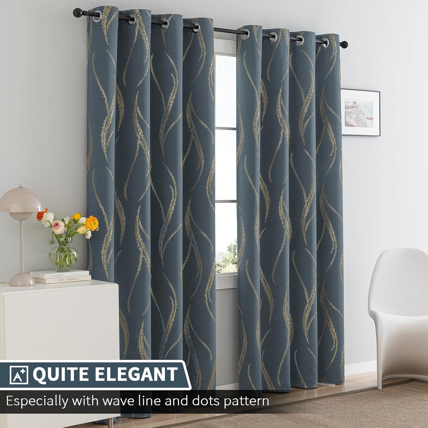 Yakamok Cortinas opacas de 84 pulgadas de largo para sala de estar, con aislamiento térmico, patrón de líneas onduladas doradas, patrón de puntos,