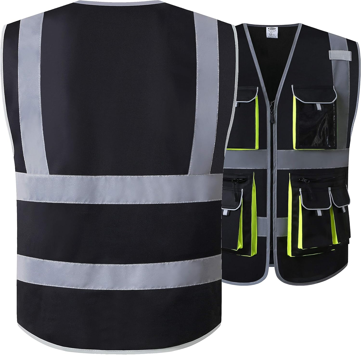 JKSafety Chaleco de seguridad frontal con 10 bolsillos clase 2 de alta visibilidad con tiras reflectantes, cumple con los estándares ANSIISEA