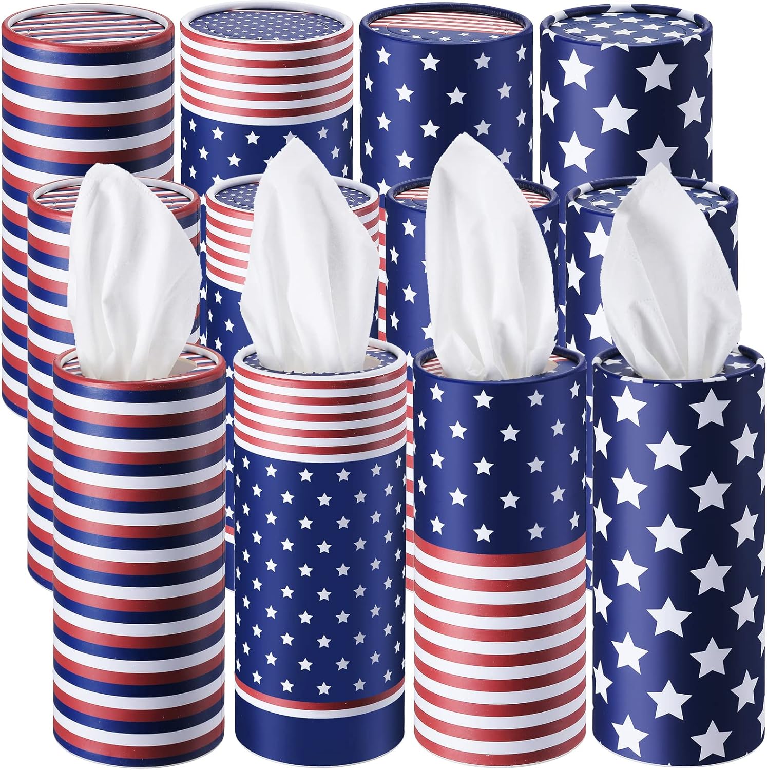 Outus 12 cajas cilíndricas de pañuelos de automóvil con tejido facial de 3 capas a granel con bandera estadounidense para pañuelos de automóvil,