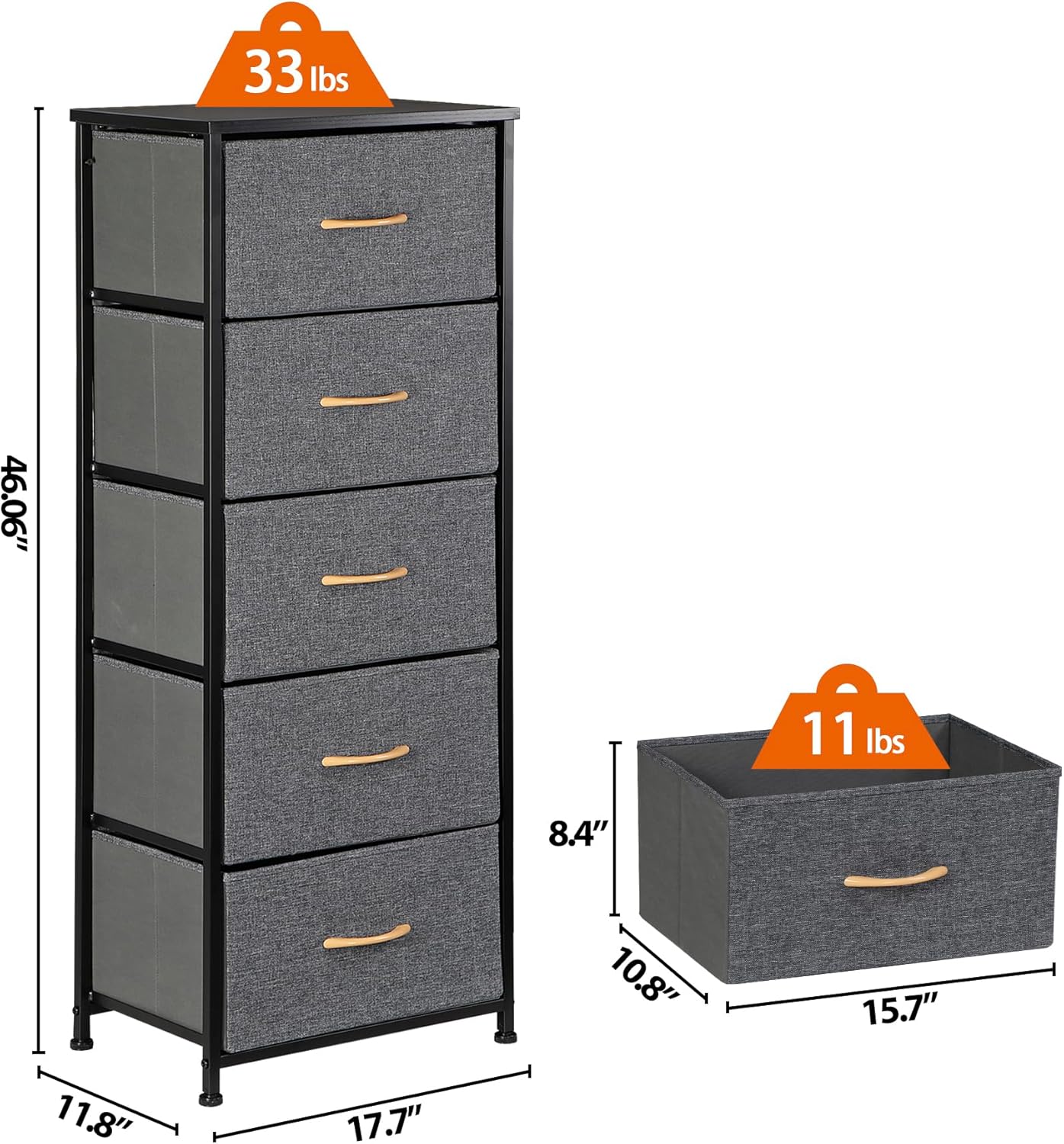 Cómoda con 5 cajones, torre de almacenamiento vertical alta, marco de metal resistente, contenedor de almacenamiento de tela con asa para