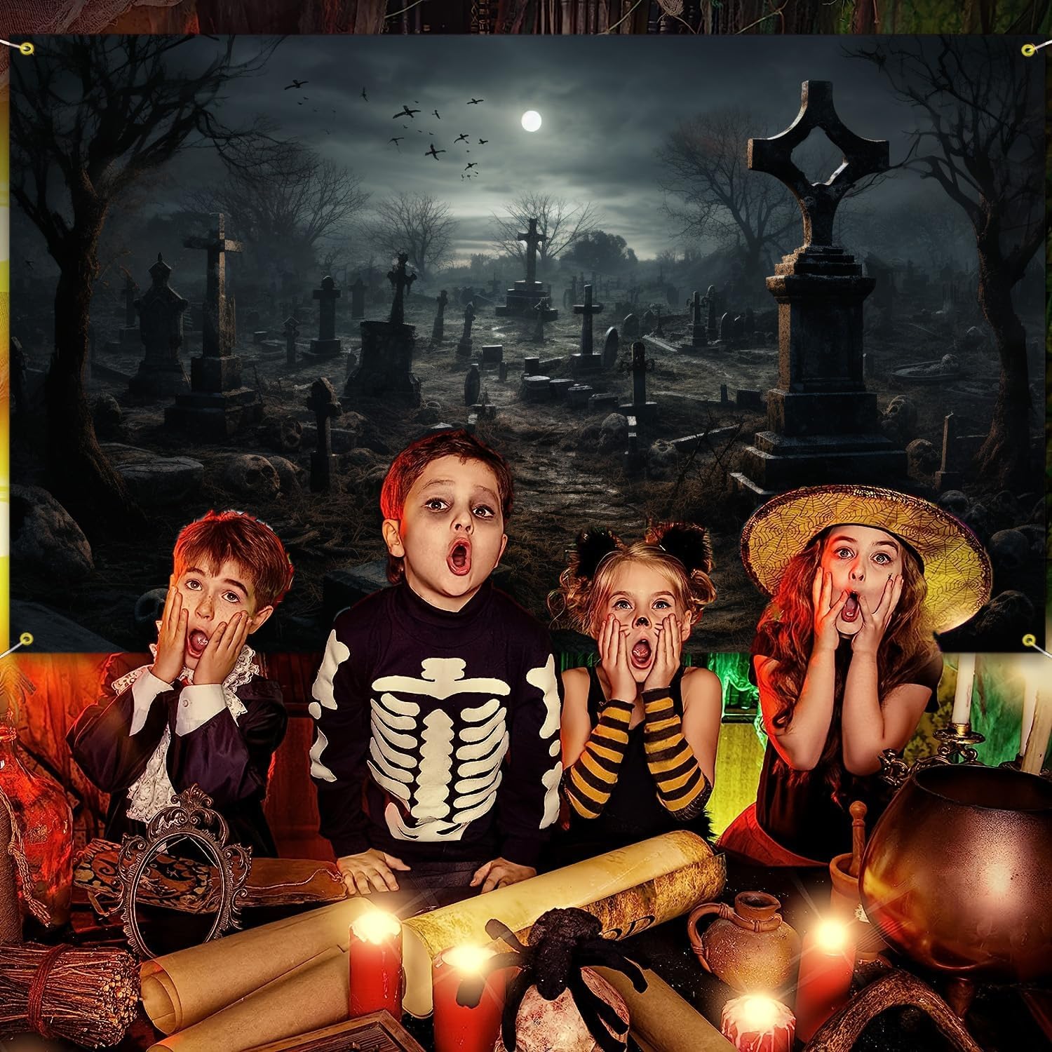 Tapiz de cementerio aterrador de Halloween, decoración grande para colgar en la pared, decoración de esqueleto de noche de muerte, decoración de