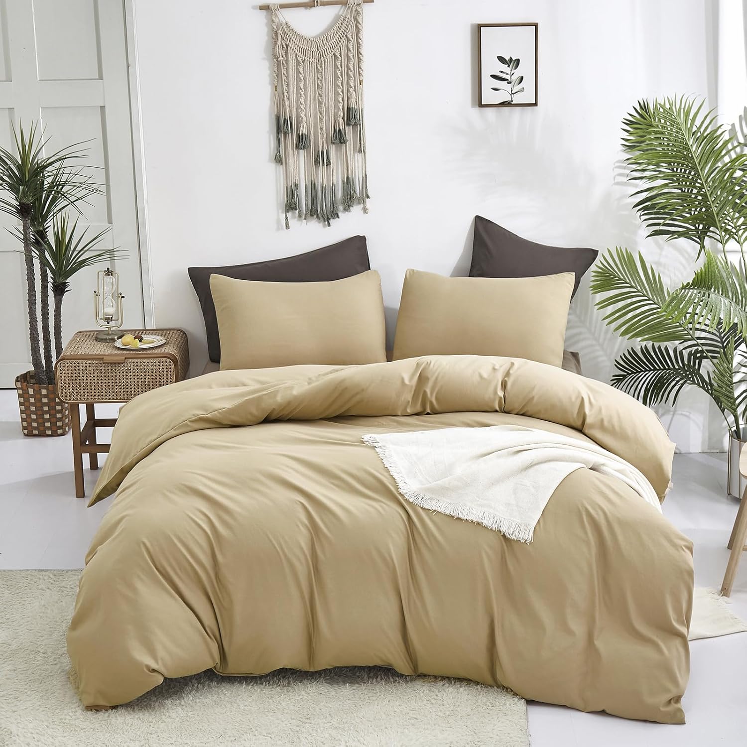 Luxlovery Juego de edredón beige champán, tamaño California King, color beige oscuro, tamaño California King, color gris topo, suave, transpirable,