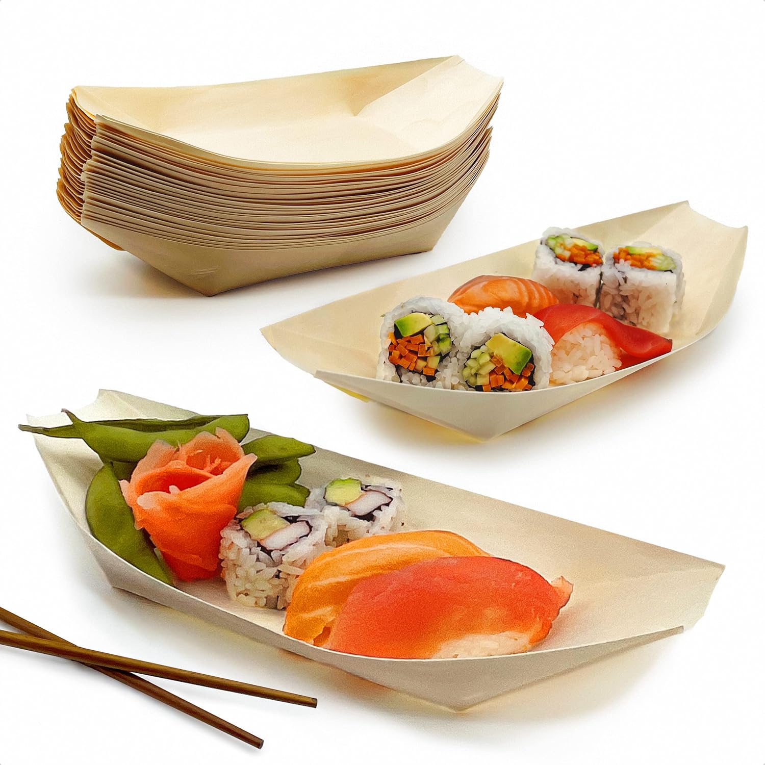 Paquete de 50 botes de sushi biodegradables extra grandes de 10 pulgadas. Platos de aperitivo 100% desechables. Bandejas de alimentos de madera