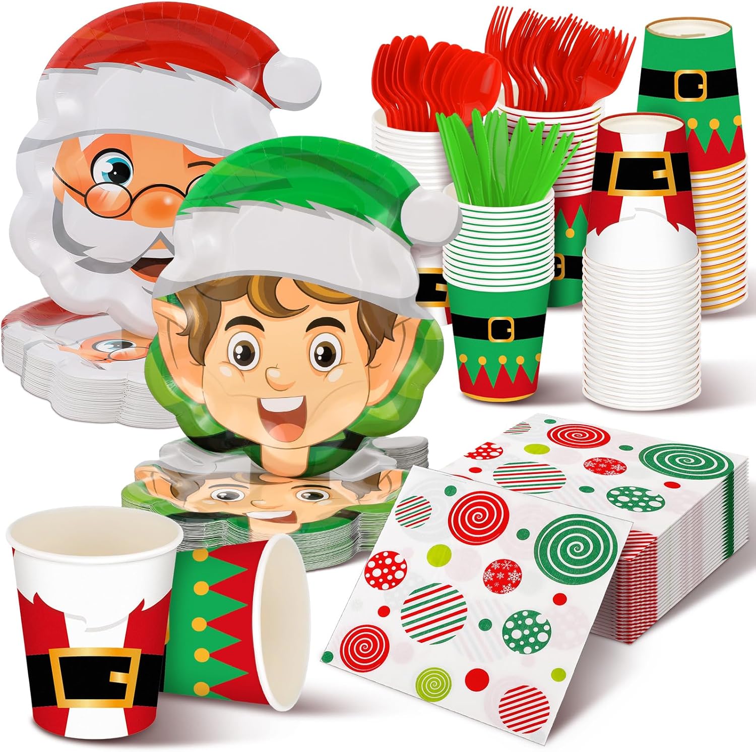 Juego de vajilla desechable de 350 piezas de Navidad, sirve 50, platos de papel de elfo de Papá Noel, servilletas lindas, tazas de cinturón de Papá