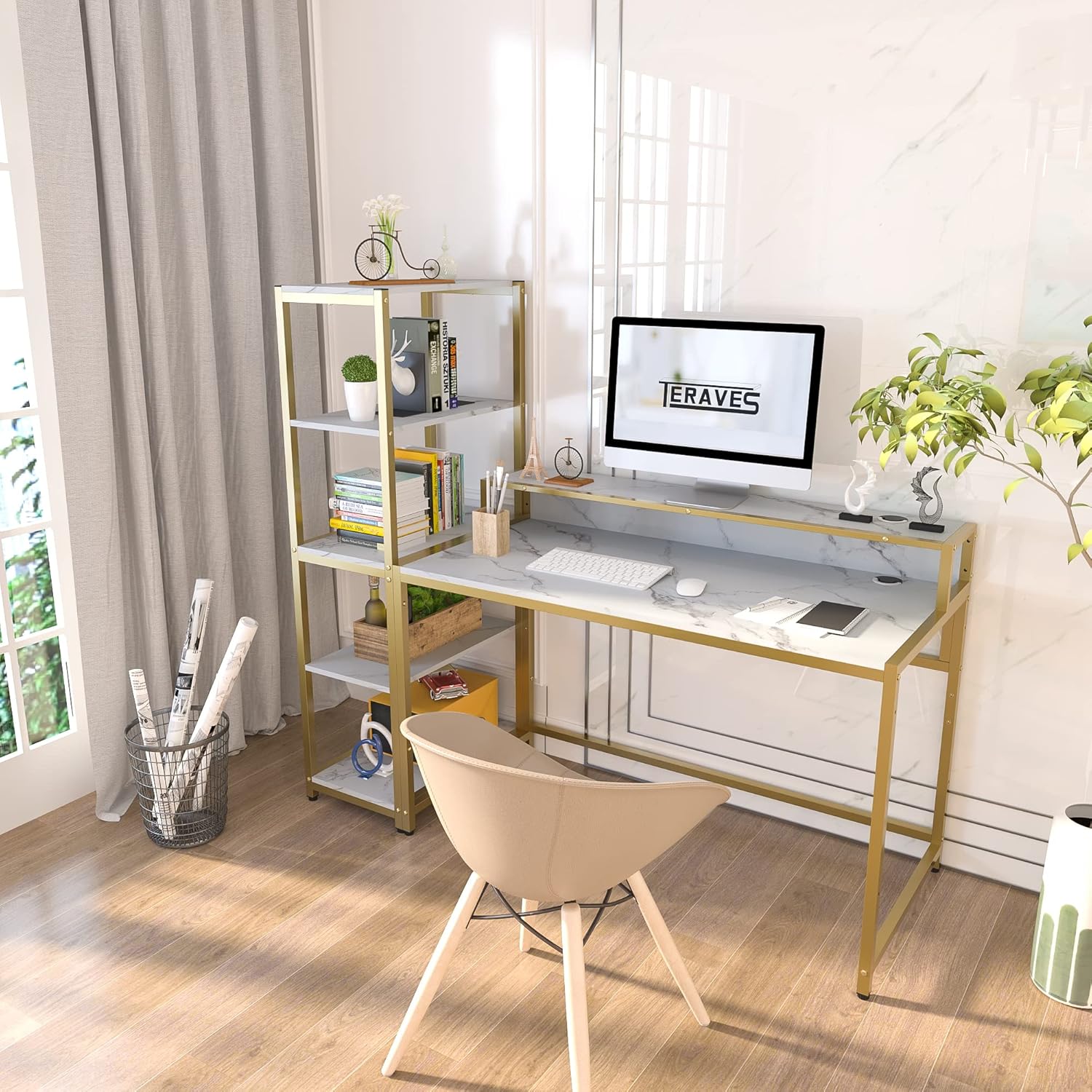 Teraves Escritorio para computadora con estantes de 5 niveles, escritorio reversible con almacenamiento de 49 pulgadas, mesa de estudio para oficina
