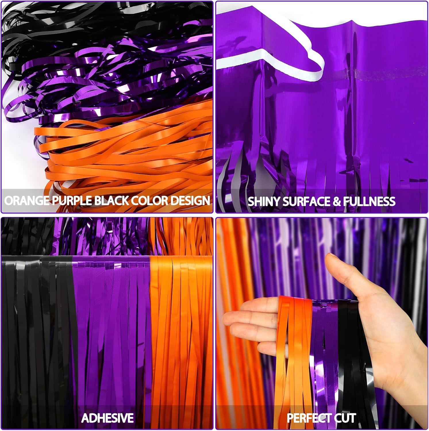 2 Packs 3.3ft x 8.2ft Halloween Orange Purple Black Tinsel Foil Fringe Curtains, Metallic Foil Curtains for Home Outdoor Halloween Party Photo Booth