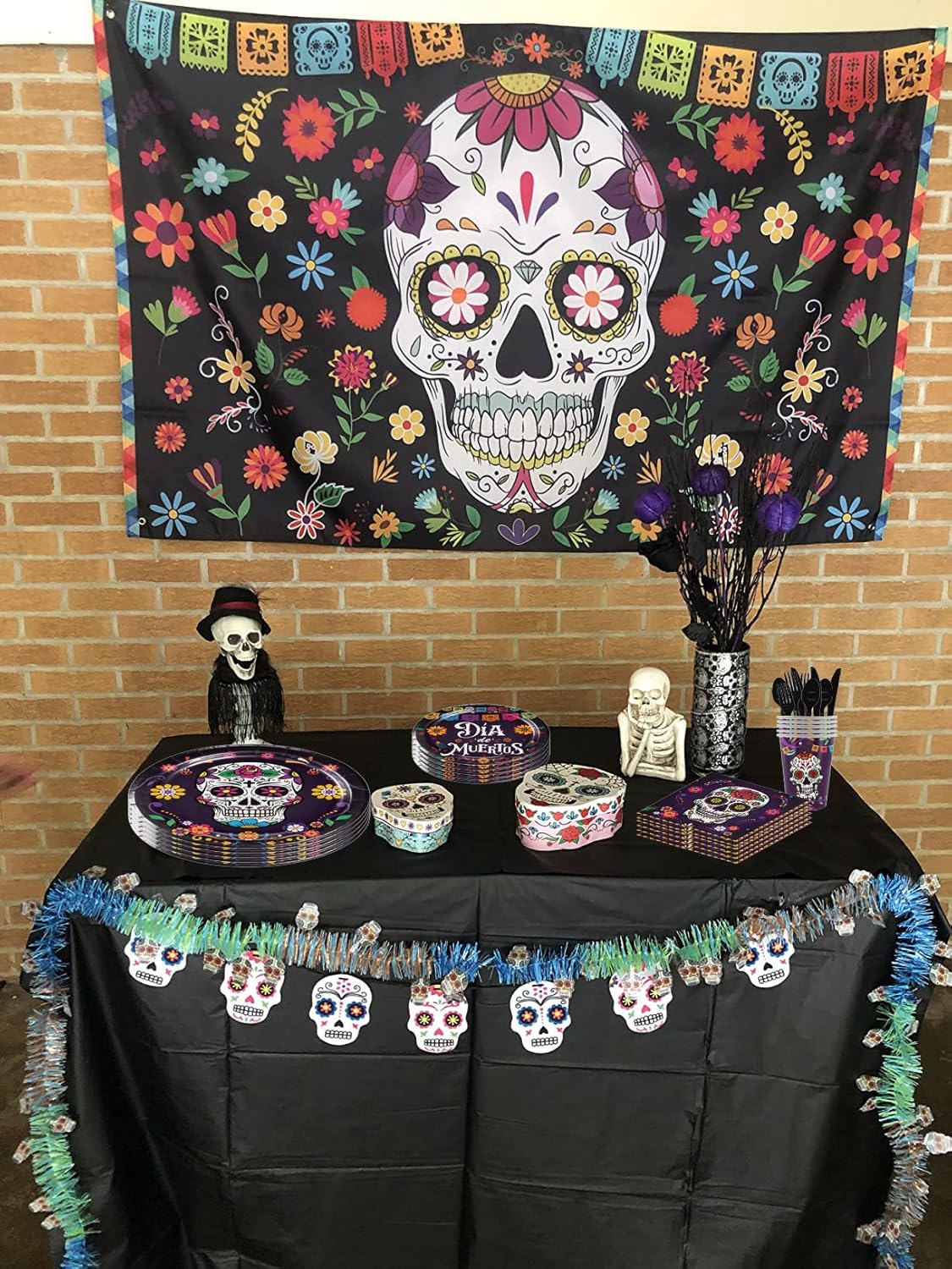 USERTEN 97 piezas de suministros de decoración de fiesta del Día de los Muertos con calavera de azúcar, juego de vajilla mexicana para 12 invitados,