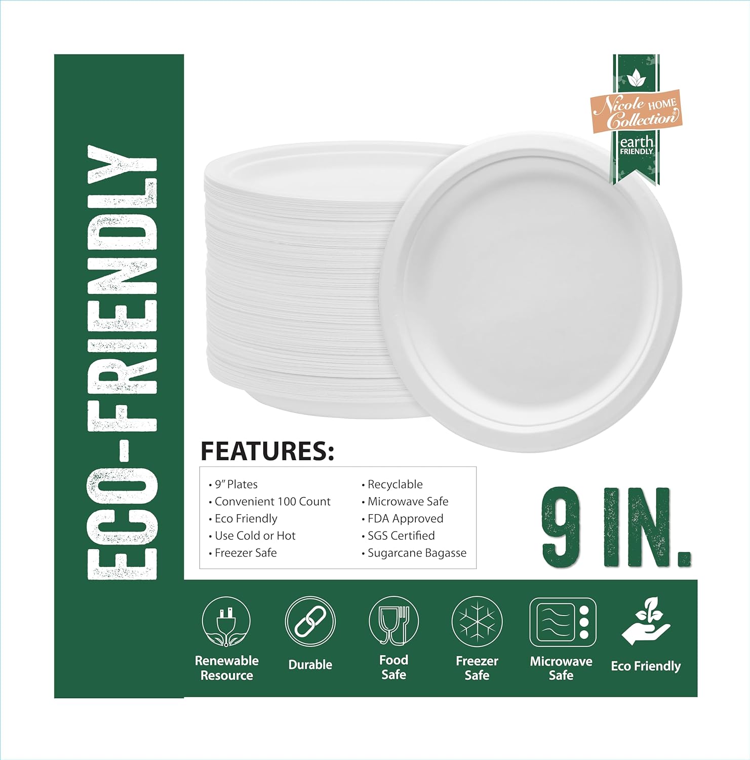Nicole Home Collection Platos de papel desechables de 9 pulgadas, compostables, resistentes, 100% bagazo, biodegradables, ecológicos, caña de azúcar