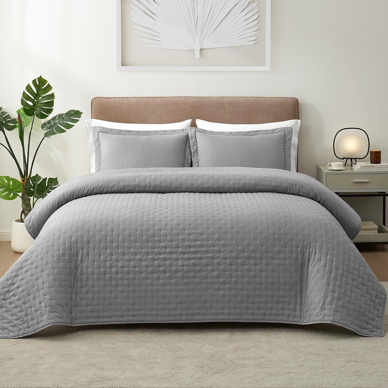 Hansleep Juego de edredón ultrasónico ligero para decoración de cama, colcha para uso en todas las estaciones (puntos grises, matrimonialqueen, 90 x
