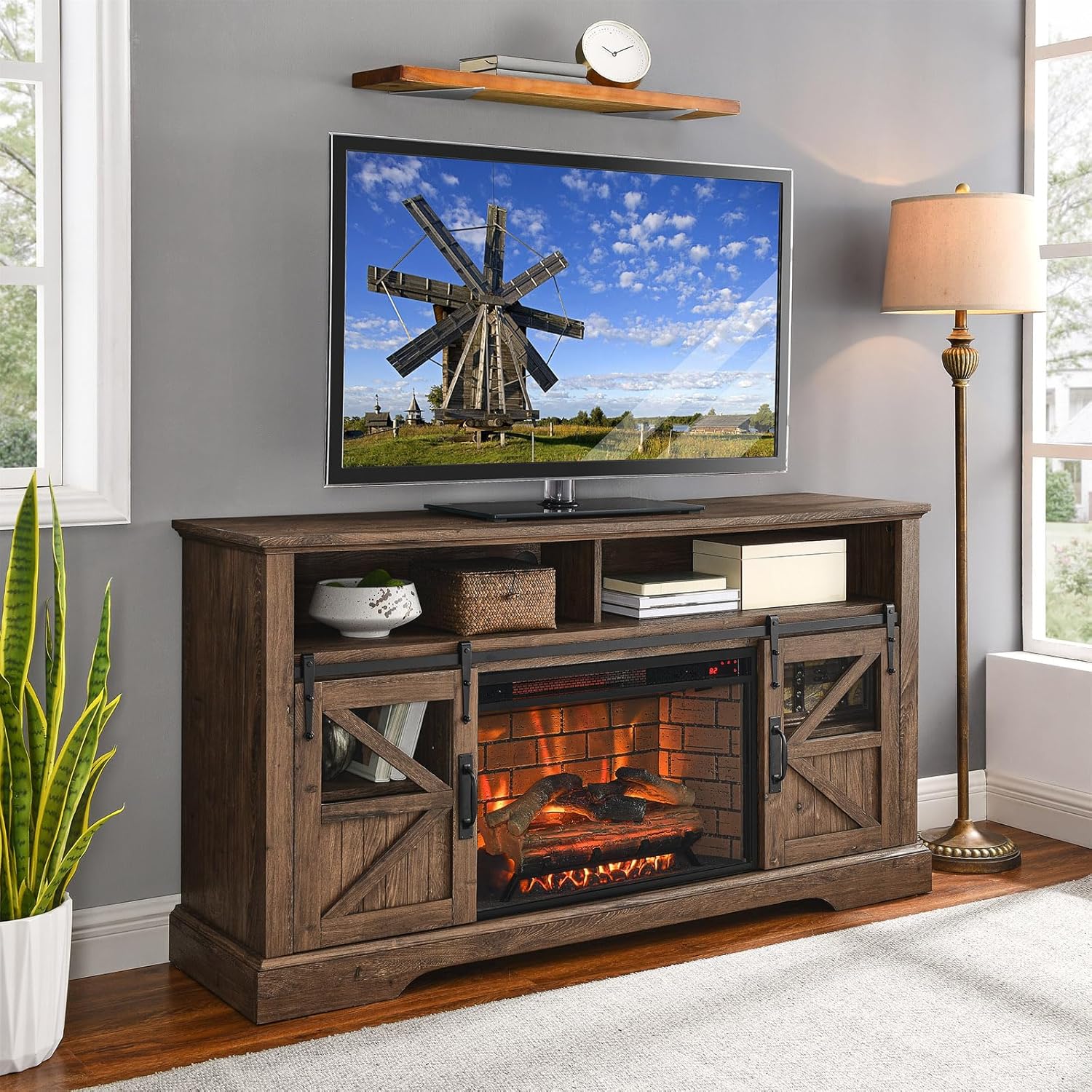 Chimenea eléctrica con soporte de TV, hogar eléctrico tradicional de 60 pulgadas, combinación de soporte de TV y consola, con salida de calor de