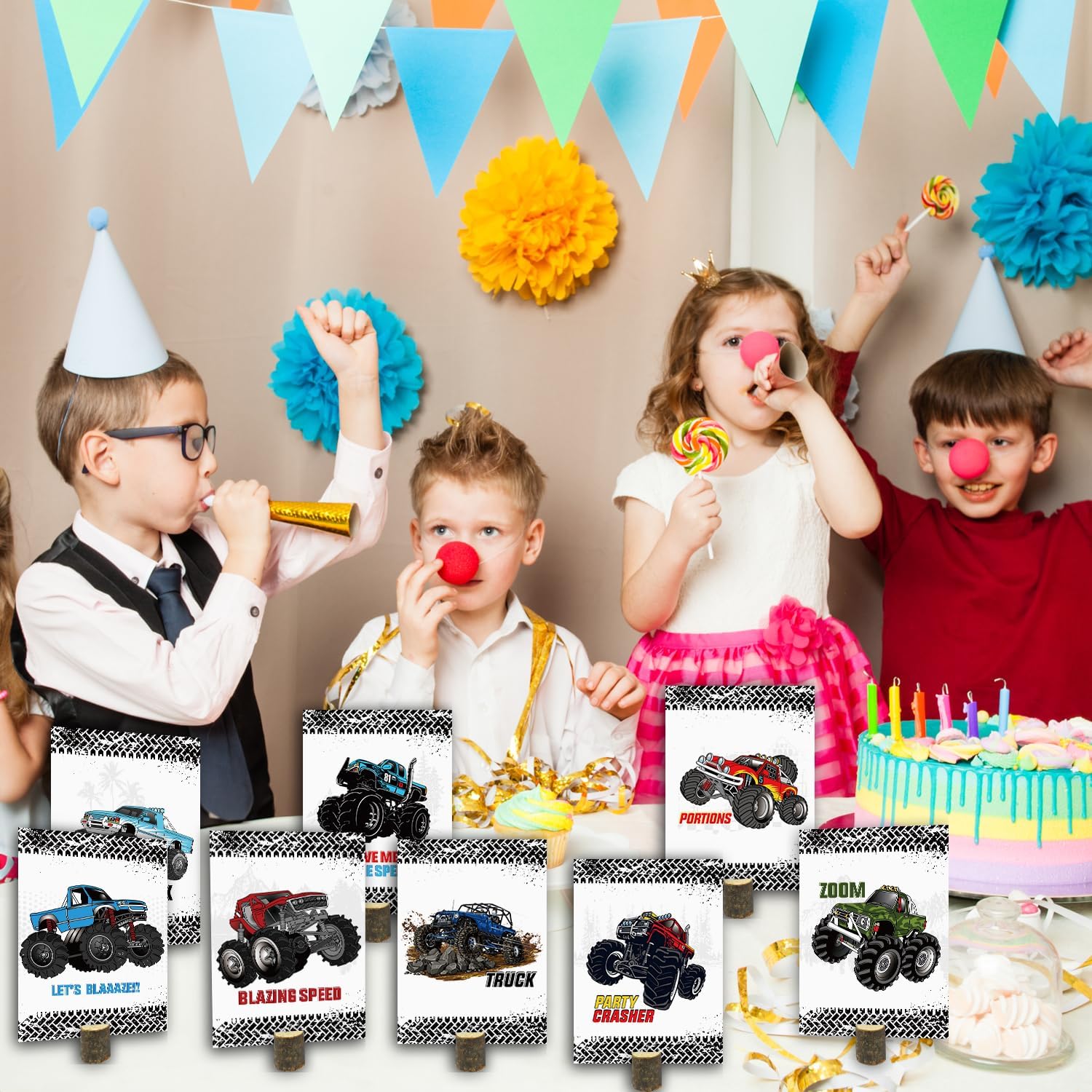 8 piezas de decoración de camión grande monstruo centros de mesa de camión, suministros de fiesta de cumpleaños para fiestas temáticas de autos de