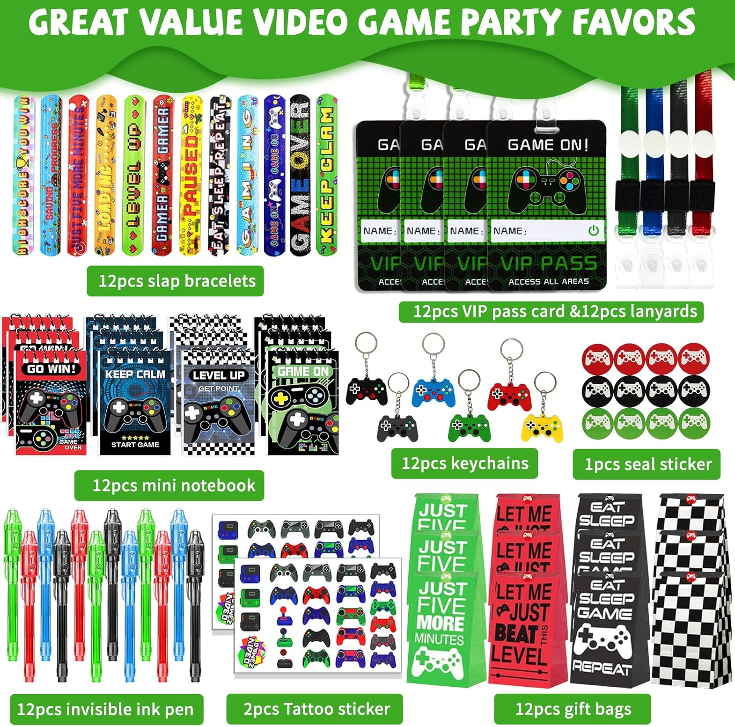 146 piezas de recuerdos de fiesta de videojuegos, recuerdos de fiesta de jugadores, cuaderno de tinta con pases VIP con cordones, pulseras,
