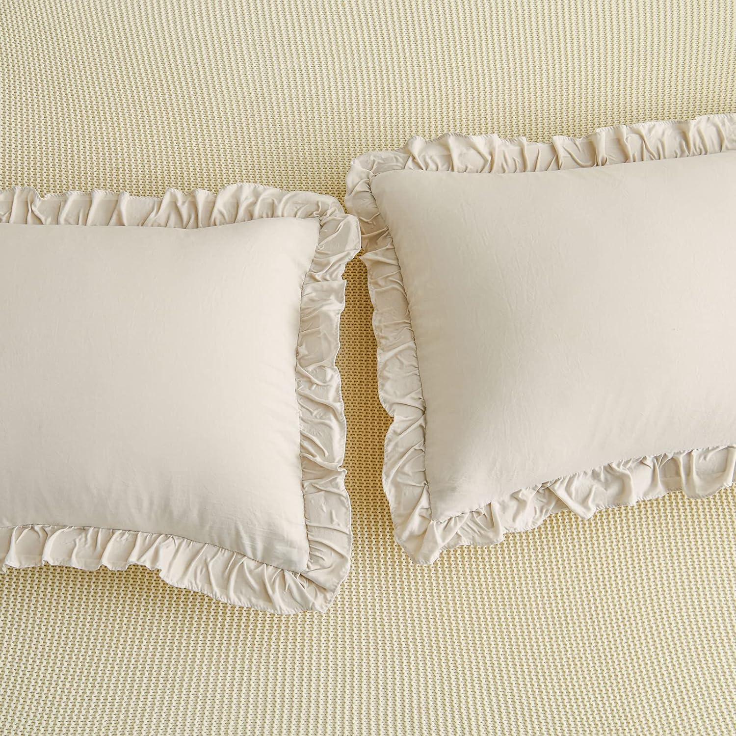 Juego de 2 fundas de almohada beige con volantes, color beige, gris, estándar, queen, juego de 2 fundas de almohada Shabby Chic (Queen (20 x 30