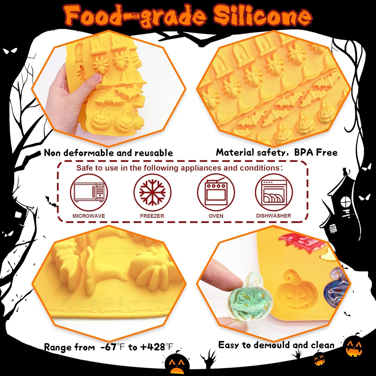 Moldes de silicona para gomitas de Halloween, paquete de 4 moldes de calavera para chocolate, calabaza, murciélago, araña, varios moldes temáticos