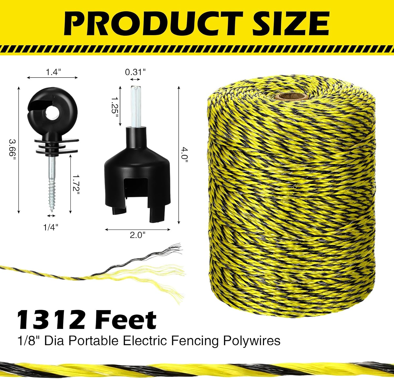 Alambre de polietileno eléctrico de 1312 pies, 1,312.3 ft, alambre de polietileno eléctrico portátil con 100 piezas aislador eléctrico de valla