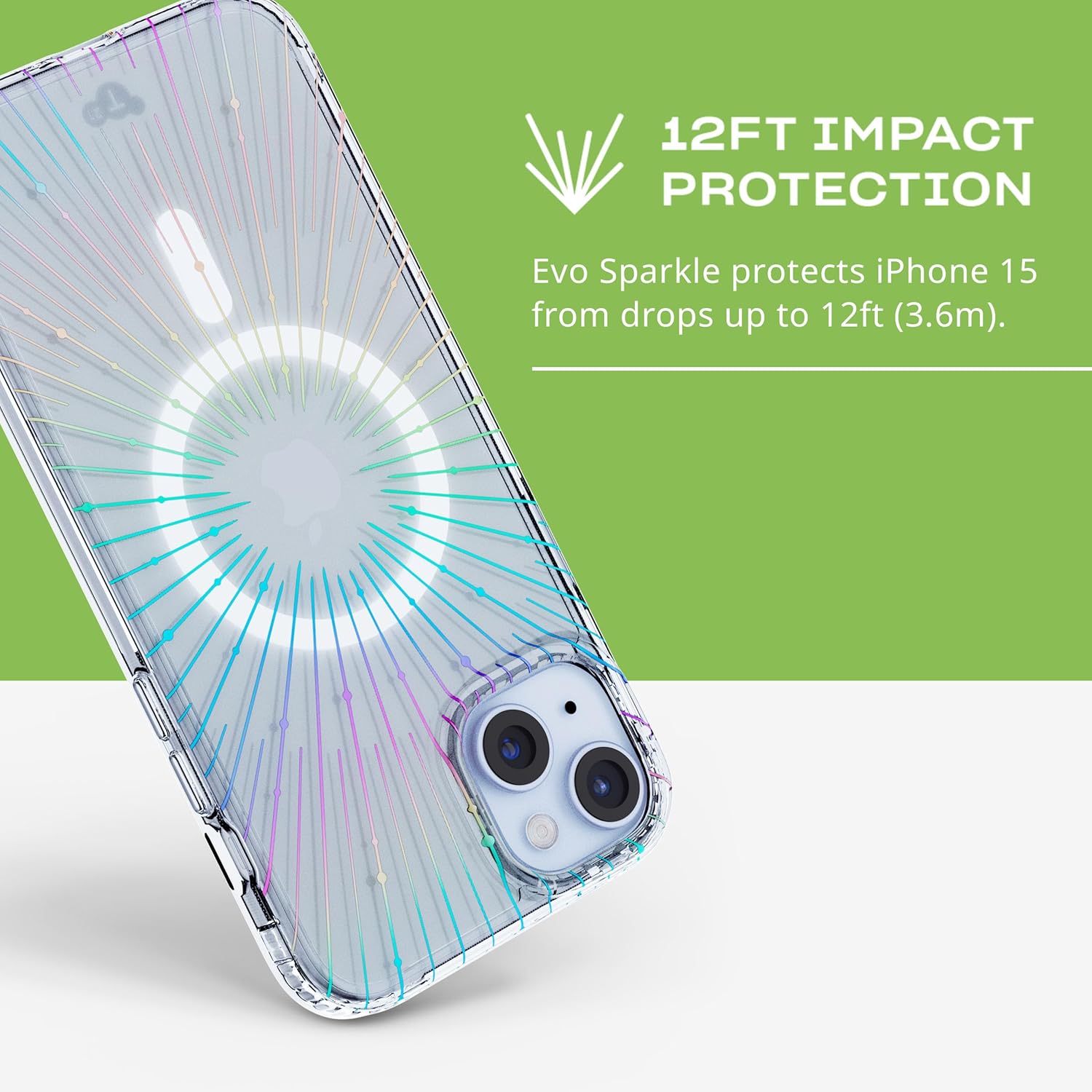Tech21 Evo Sparkle – Funda para iPhone 15, compatible con MagSafe, funda de protección contra impactos, transparente solar