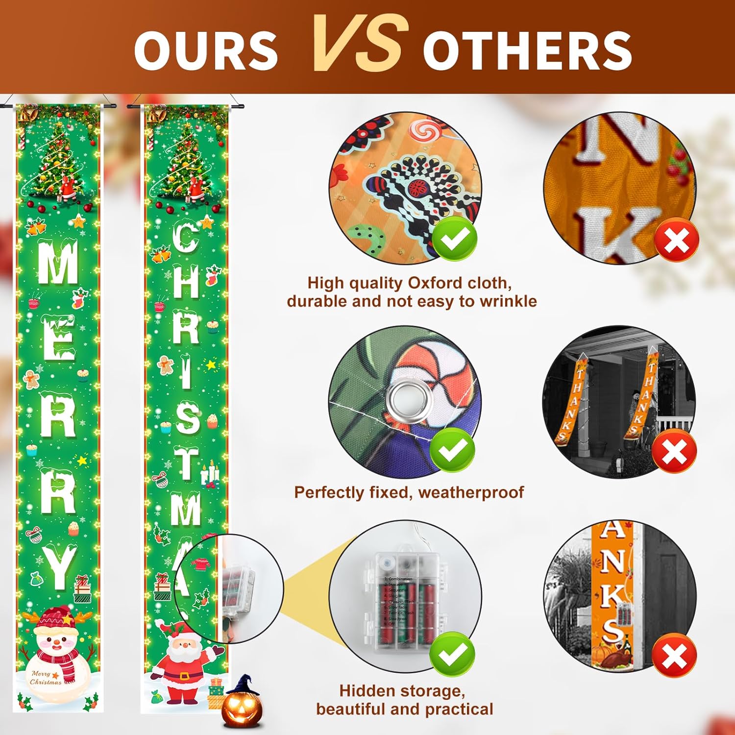 Cartel de decoración de Navidad de Halloween para porche  Letrero con cadena de luz LED, cartel reversible colgante de Feliz Navidad y truco o trato