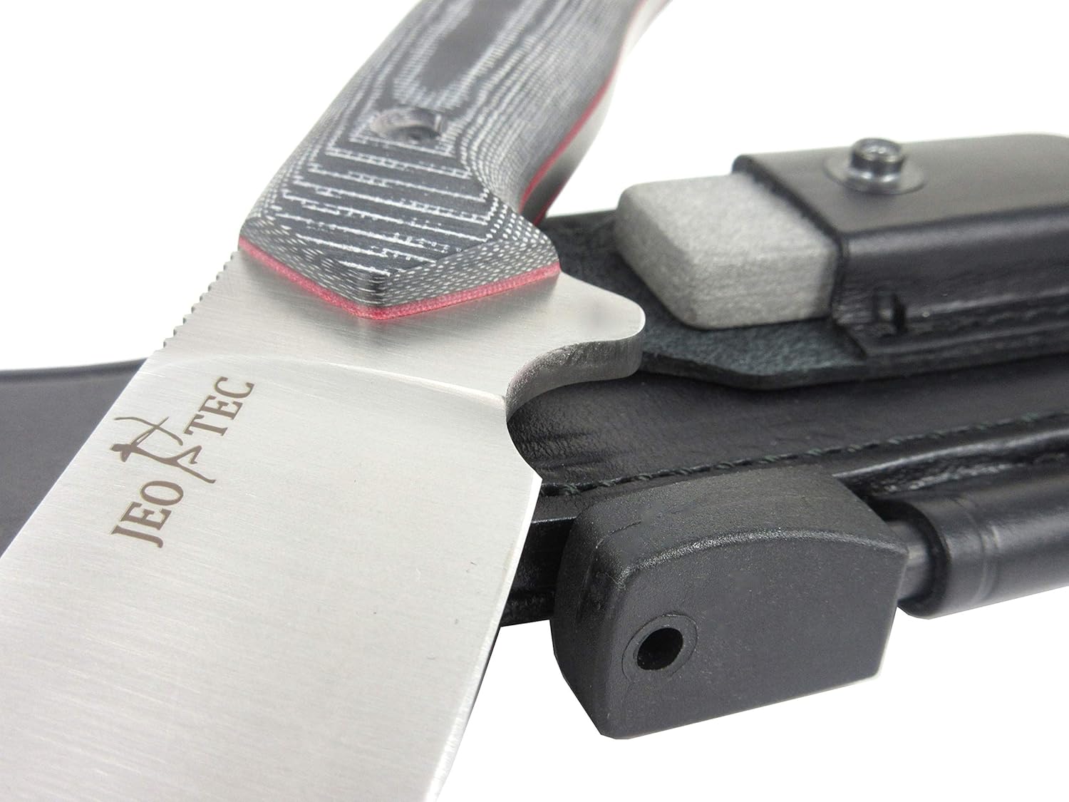 JEO-TEC N21 Bushcraft Survival Hunting Cuchillo táctico de hoja fija – BOHLER N690C acero inoxidable, funda de cuero multiposición, piedra afiladora