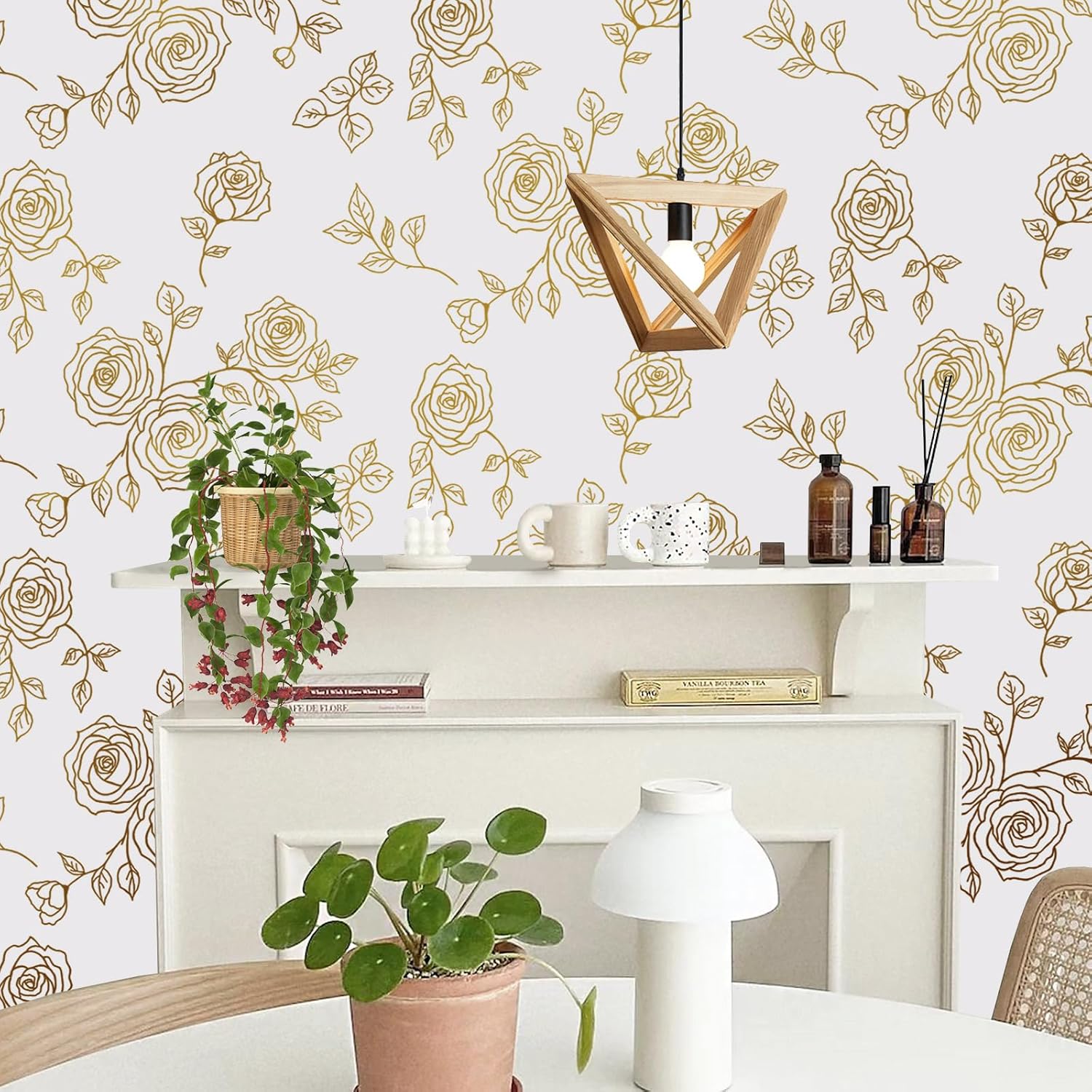 AMIYA Papel tapiz de flores para despegar y pegar, papel tapiz bohemio dorado y blanco, renovación de dormitorios, armarios, etc. Papel tapiz de