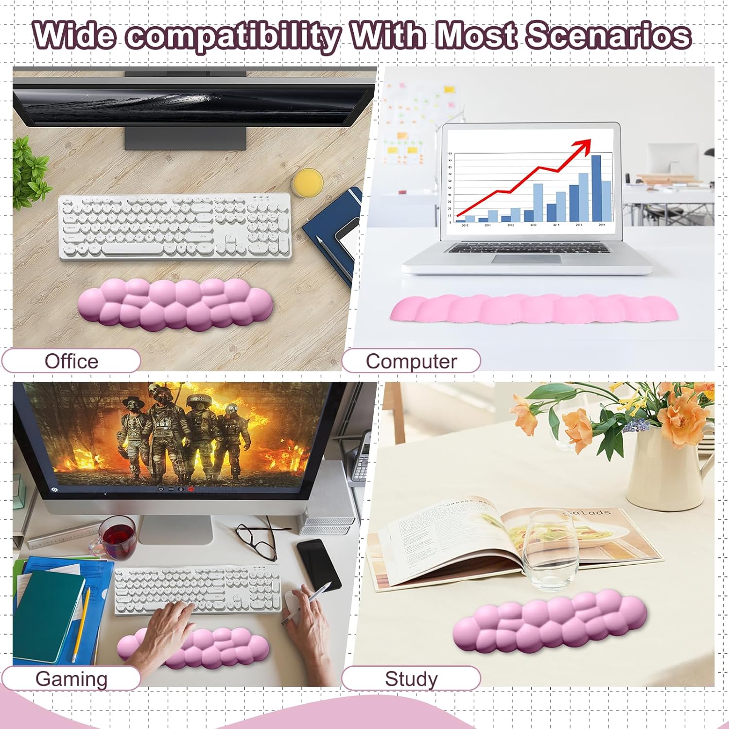 Leolee Reposamuñecas para teclado Cloud, reposamuñecas de nube rosa con superficie de cuero, base antideslizante, reposamuñecas para aliviar el