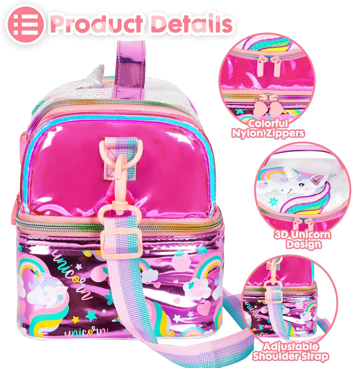 YOYTOO Bolsa de almuerzo aislada de dos pisos para niños, niñas, hombres, mujeres, con correa ajustable, unicornio