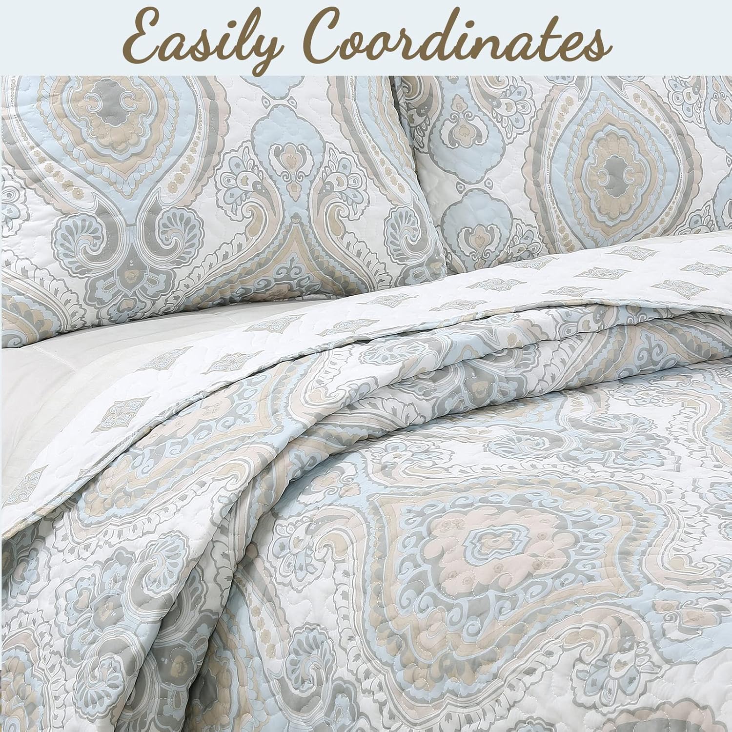 Cozy Line Home Fashions Juego de ropa de cama reversible de microfibra azul cielo, color gris tostado, colcha (medallón moderno, tamaño Queen, 3