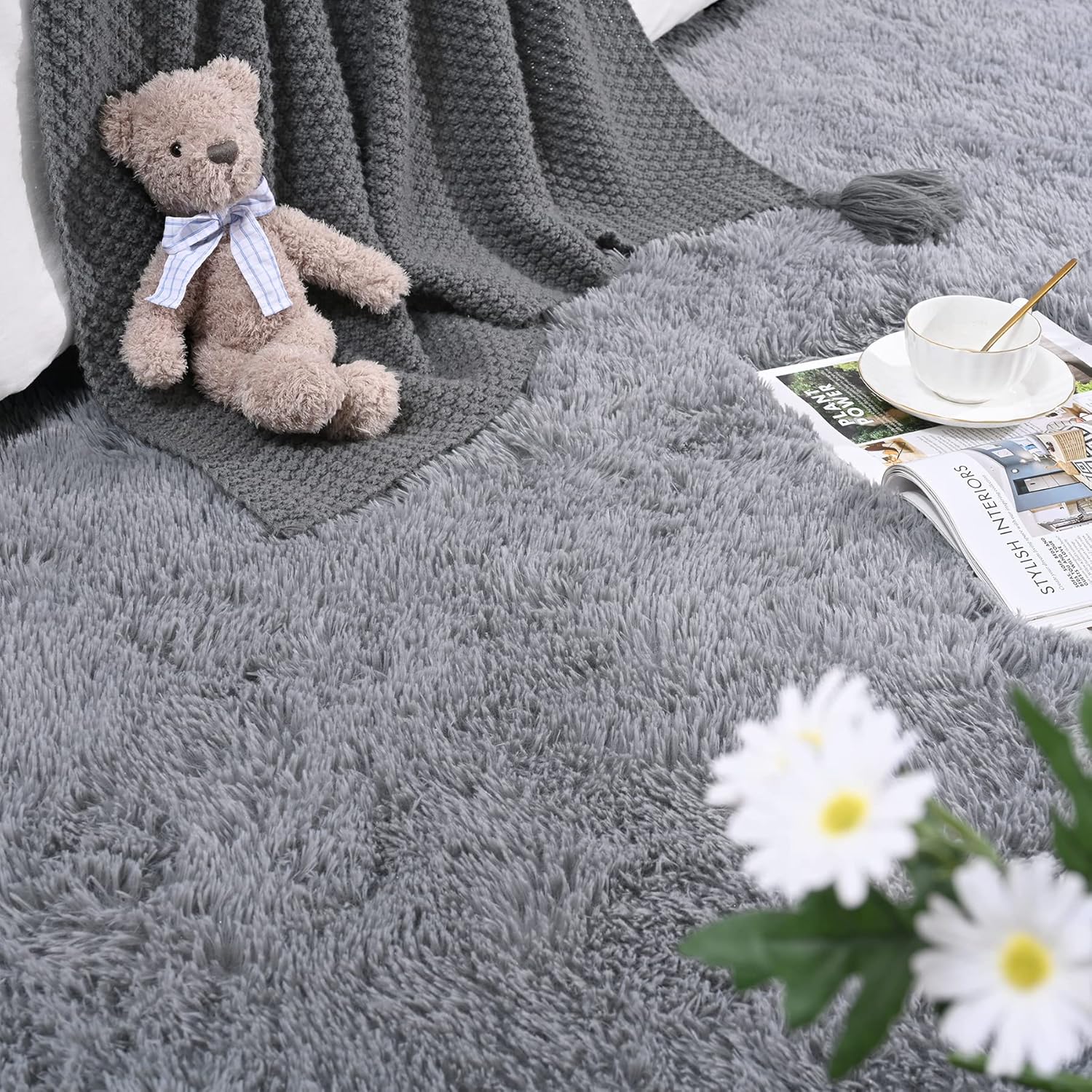 Alfombra de dormitorio gris de 4 x 6 pies, esponjosa para dormitorio, alfombra suave, alfombra de área grande, alfombra lavable y antideslizante,