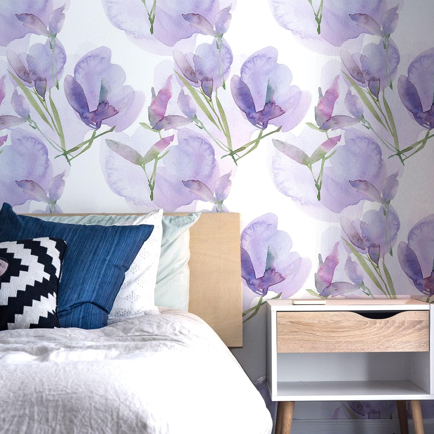 Papel tapiz de vinilo autoadhesivo para despegar y pegar, extraíble, hojas blancas y moradas, estilo bohemio, fácil de despegar, para dormitorio,