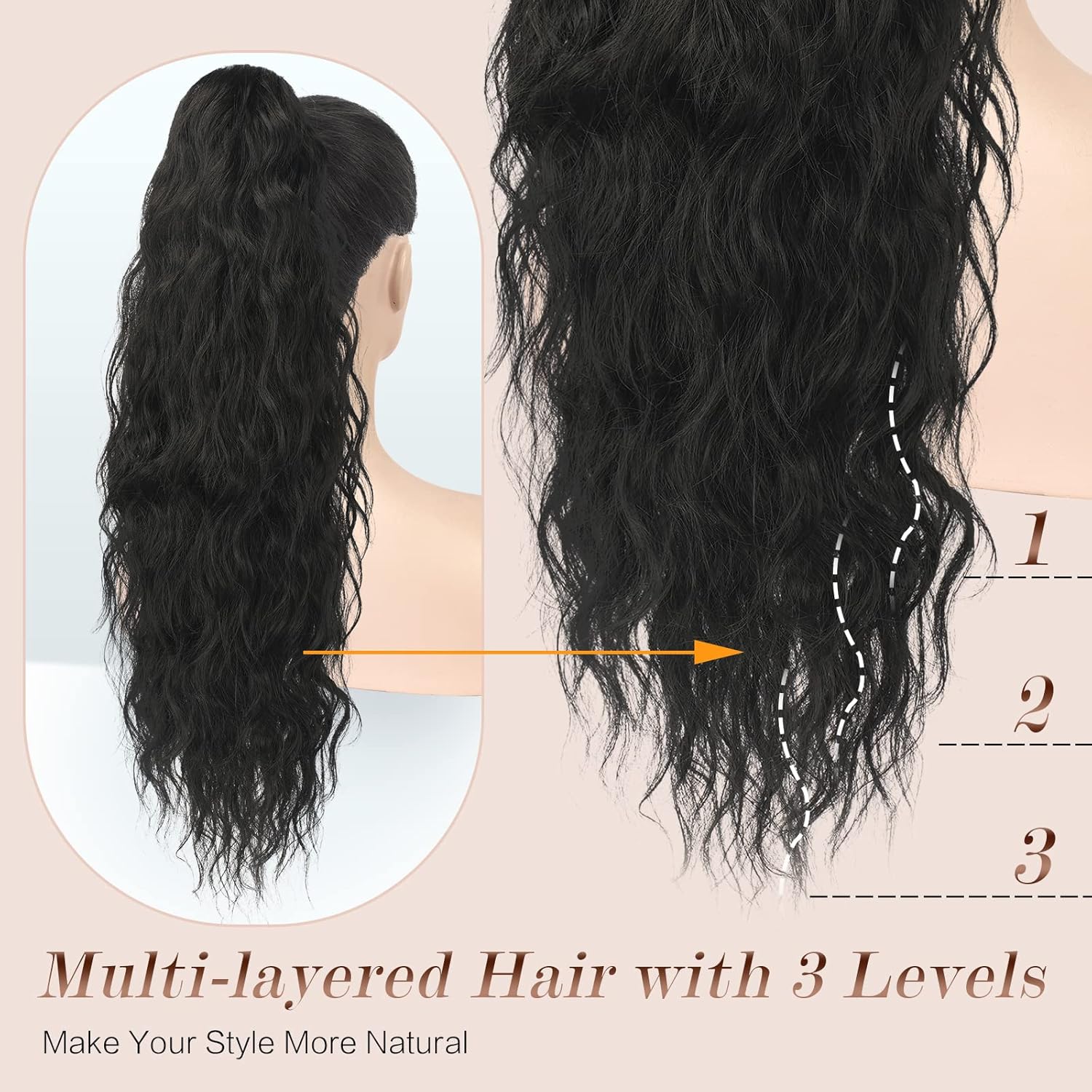 FESHFEN Extensiones de cola de caballo largas y onduladas con cordón, extensiones de cola de caballo con clip, extensiones de cola de caballo con