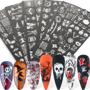 Placa de estampado de uñas de Halloween, 6 placas de uñas + 1 sello de uñas + 1 raspador de uñas de terror para Halloween, kit de sello de uñas de Placa de estampado de uñas de Halloween, 6 placas de uñas + 1 sello de uñas + 1 raspador de uñas de terror para Halloween, kit de sello de uñas de