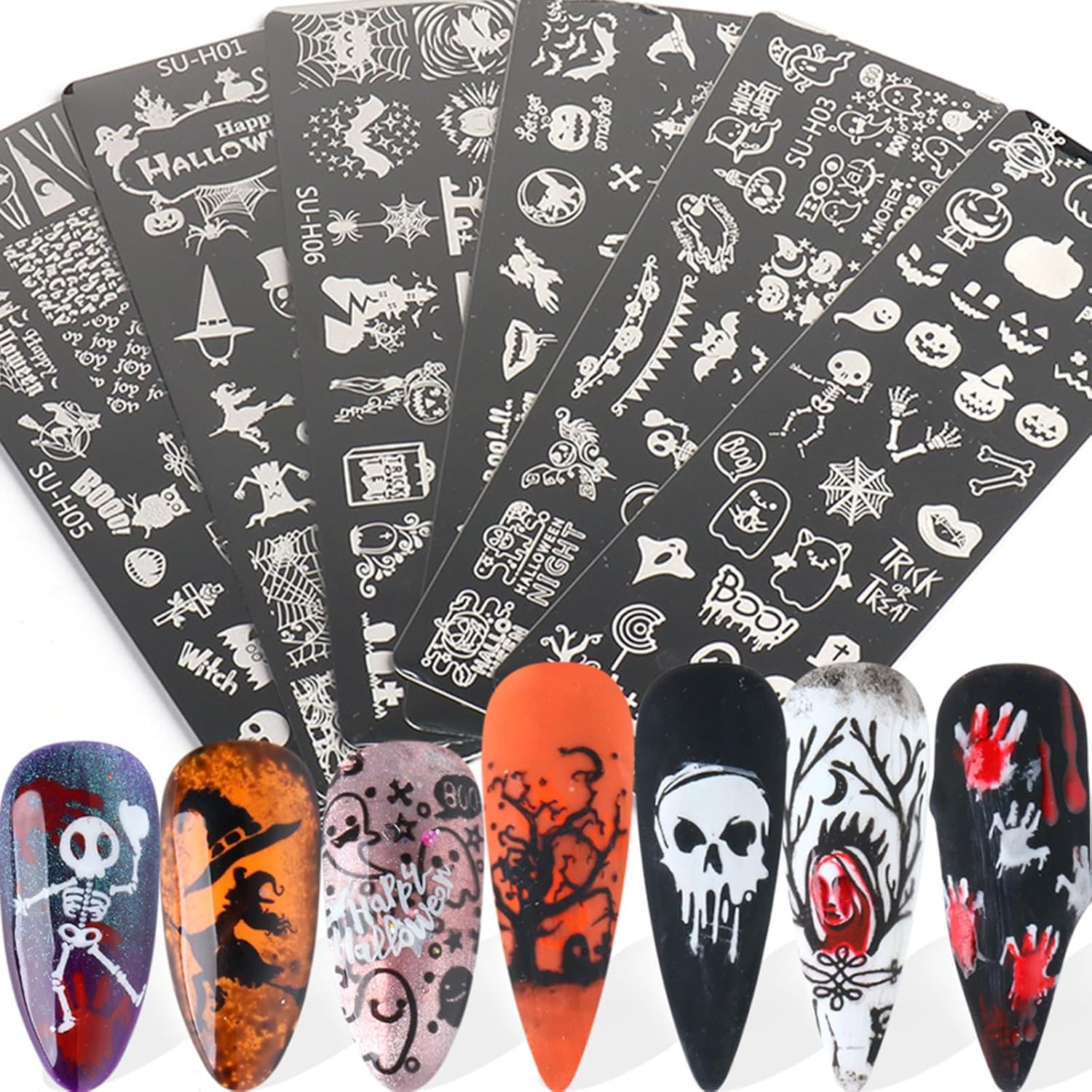 Placa de estampado de uñas de Halloween, 6 placas de uñas + 1 sello de uñas + 1 raspador de uñas de terror para Halloween, kit de sello de uñas de
