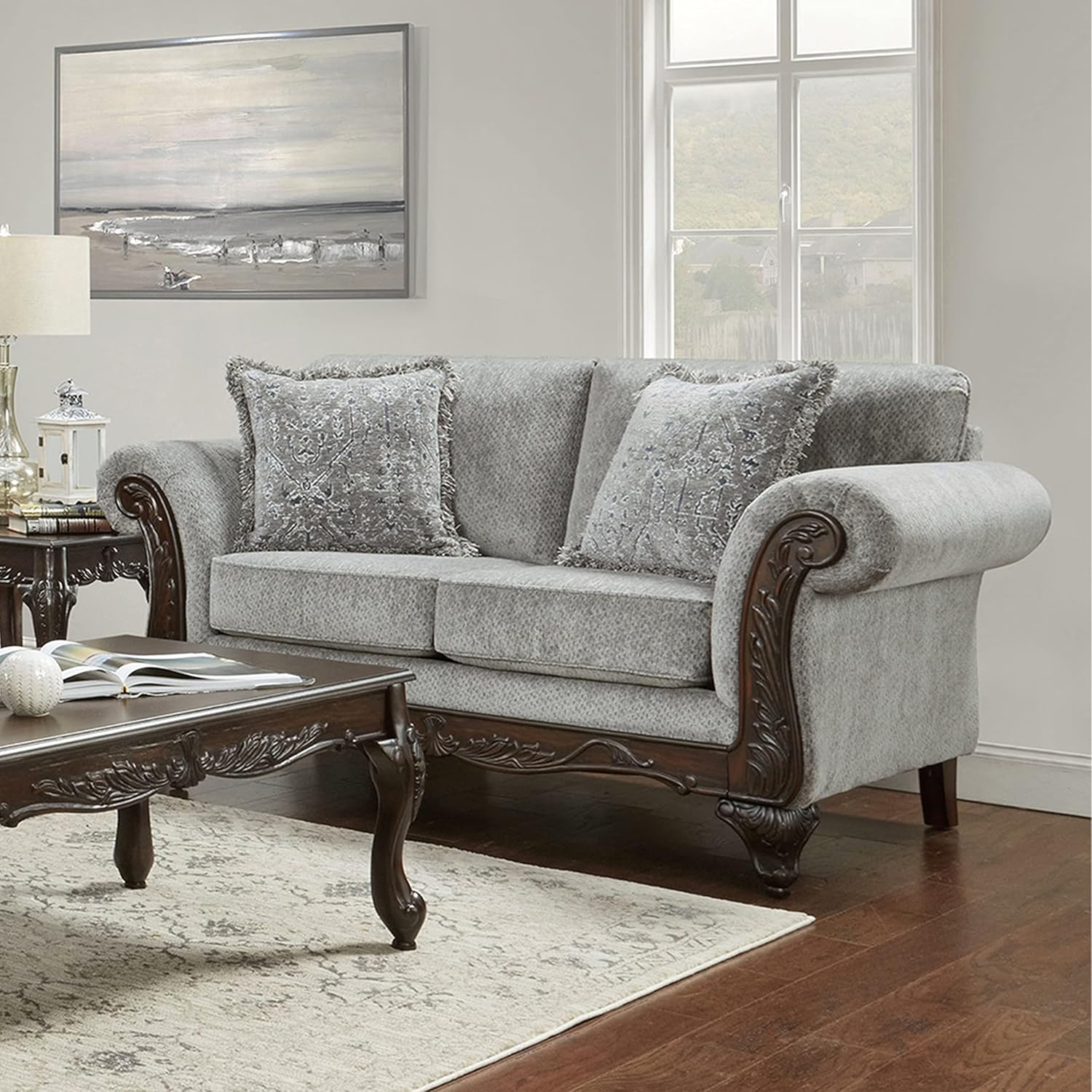 Roundhill Furniture Hernen – Juego de sofá y sofá biplaza con marco de madera tallada, color gris