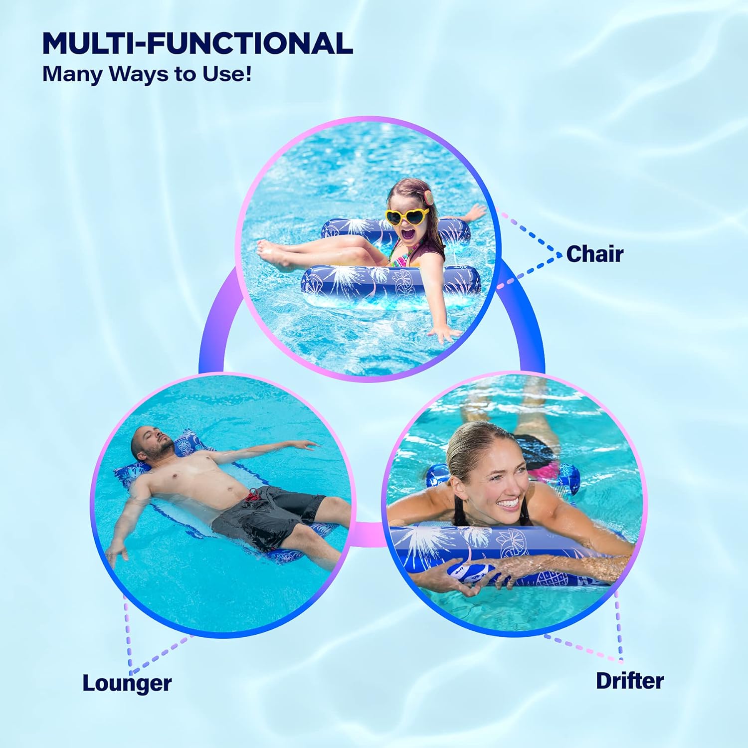 Paquete de 3 Flotadores inflables de alta calidad para piscina  Hamaca de natación para adultos con asiento inferior de malla (paquete a granel) por
