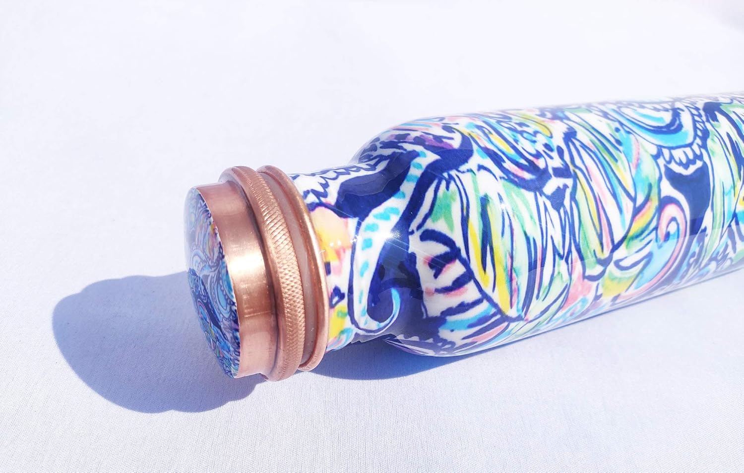 PRURA Botella de agua de cobre con estampado puro, a prueba de fugas, recipiente de cobre ayurvédico para deportes, gimnasio, aire libre, yoga,