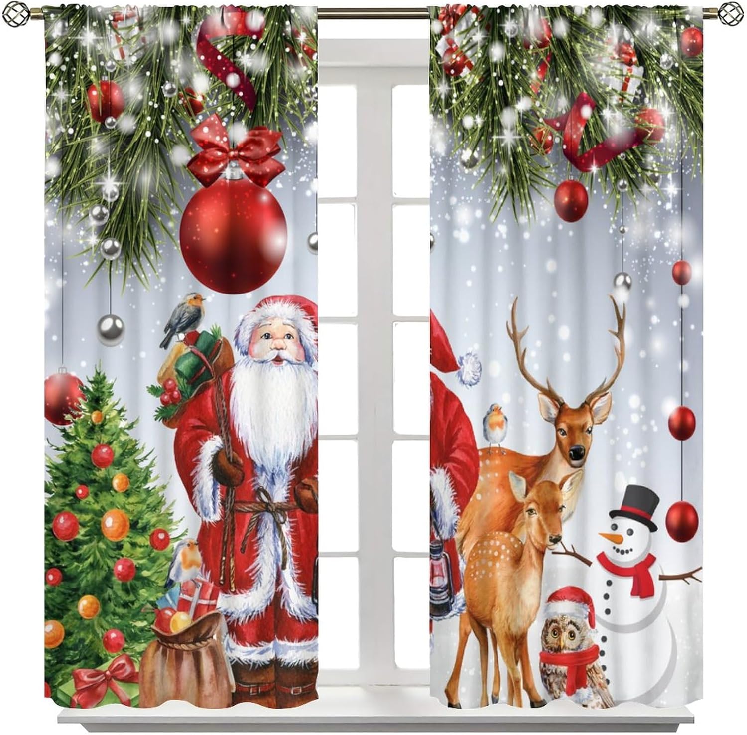 Cortinas de Navidad lindas de Papá Noel, muñeco de nieve, árbol de Navidad, copo de nieve, vacaciones de invierno, feliz año nuevo, patrón impreso,