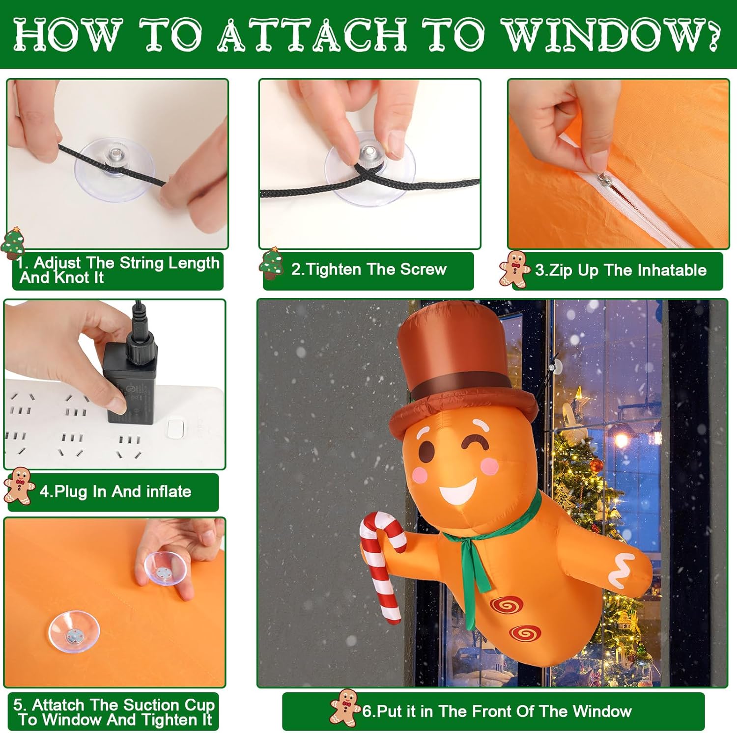 Decoración de pan de jengibre inflable de Navidad de 3.5 pies con luces LED que se inclina hacia fuera de la ventana, inflables de Navidad,