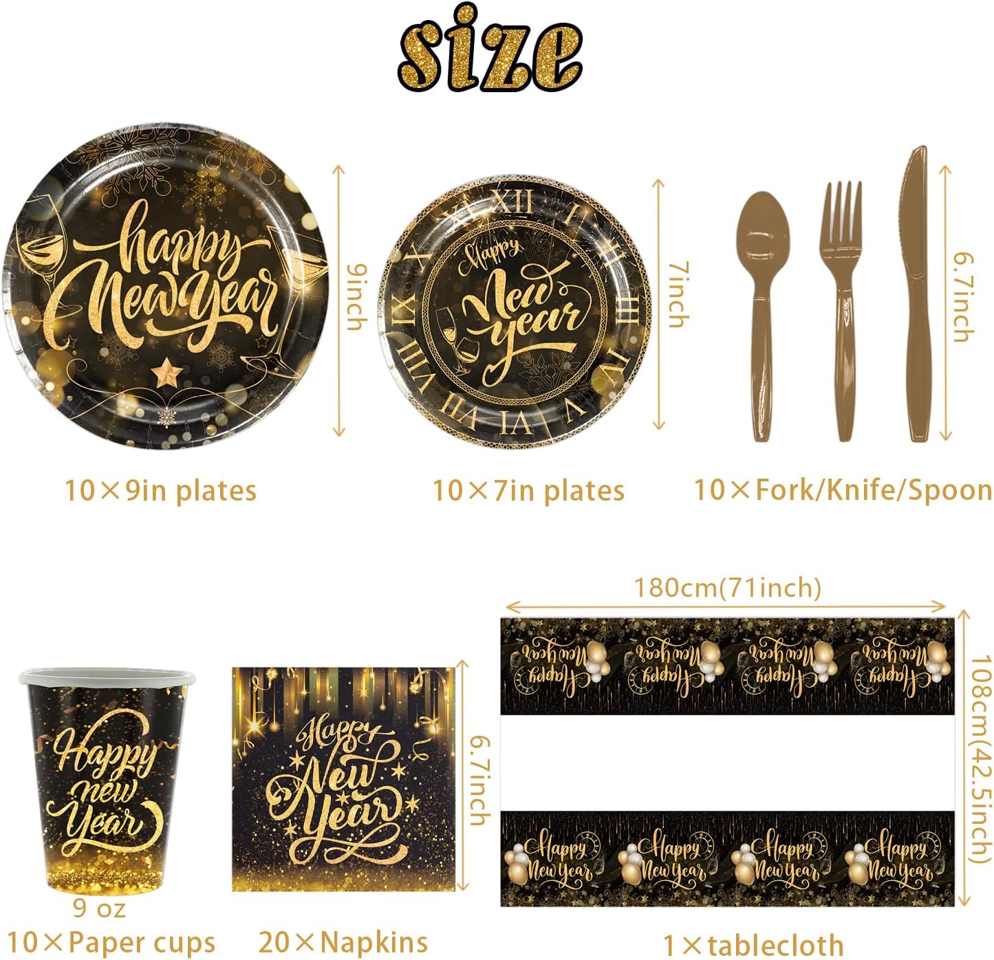 Juego de vajilla para fiesta de Año Nuevo 2024 de oro negro para 10 invitados, incluyendo mantel, servilleta, cuchillo, tenedor, cuchara, plato de