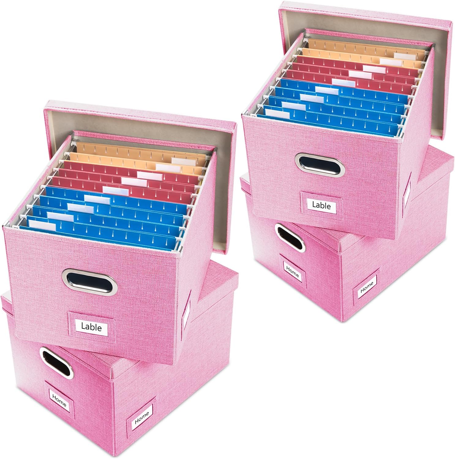 PRANDOM Caja organizadora de archivos, juego de 4 carpetas plegables decorativas de lino para almacenamiento de archivos colgantes con tapas,
